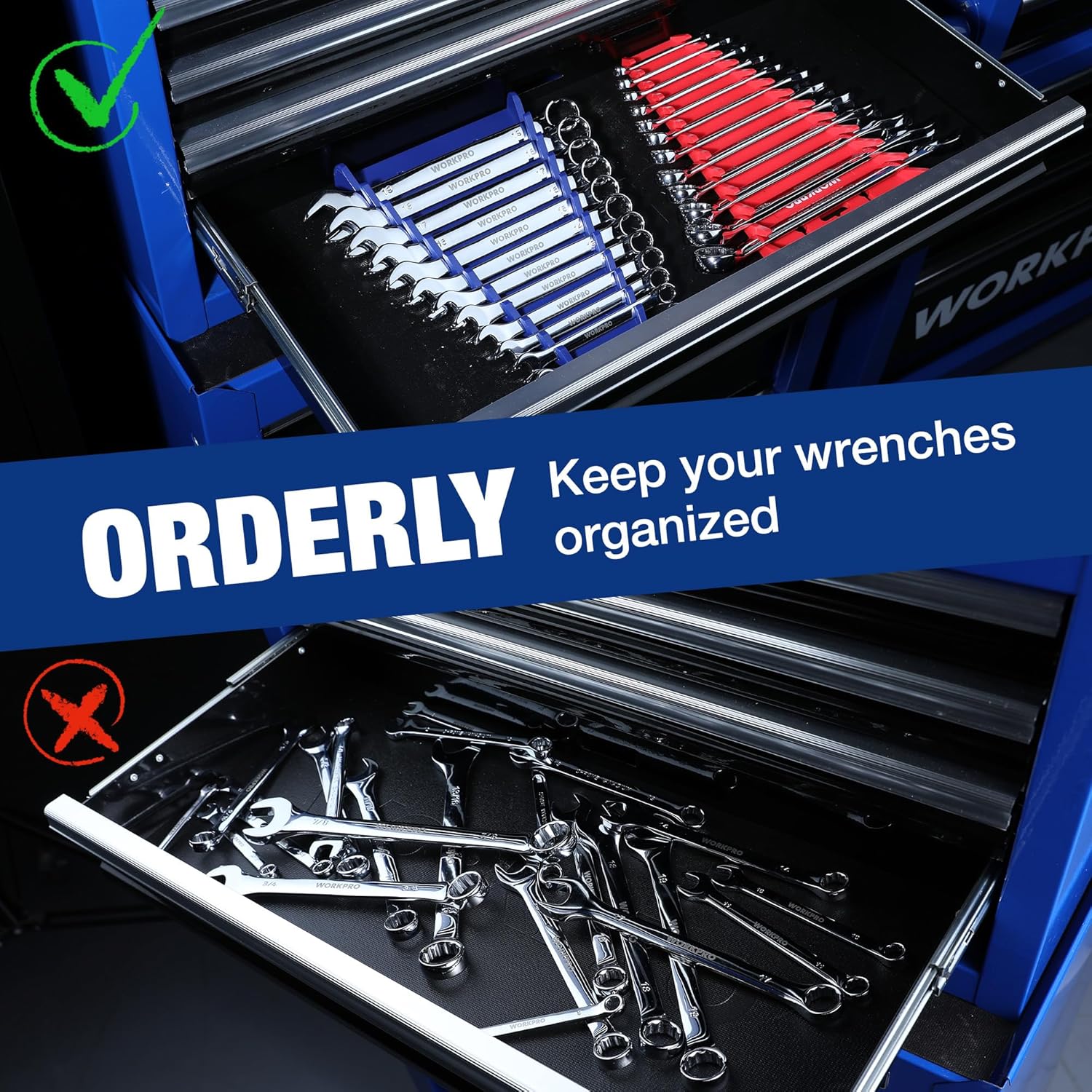 WORKPRO 2-Pack Magnetic Wrench Organizer, 12-Piece Wrench Holder Set for Tool Box Drawer, Wrench Rack Tool Trays SAE (1/4" - 15/16") and Metric (6mm-24mm) - Image 7