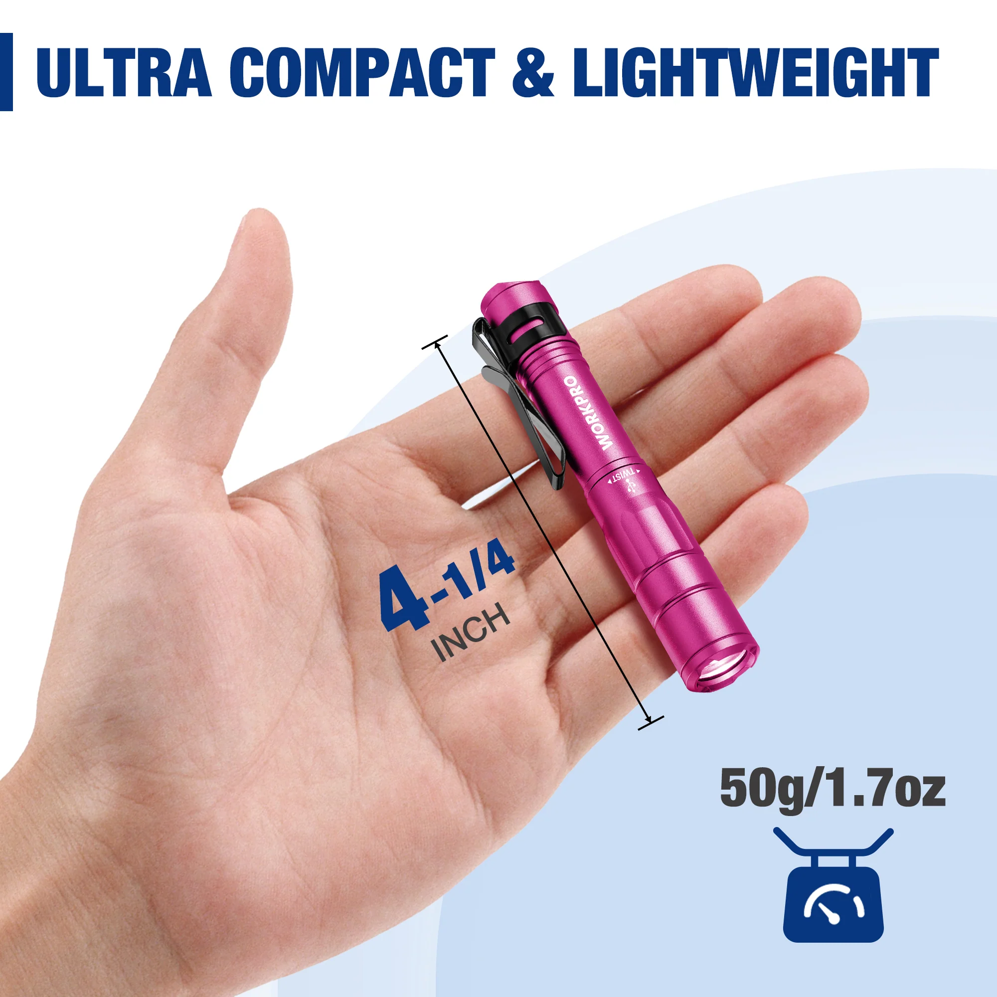 WORKPRO 2 Pack Mini EDC Rechargeable Pen Light with Clip, Memory Function and 2 x USB C Cable Included - Pink Ribbon - Image 2