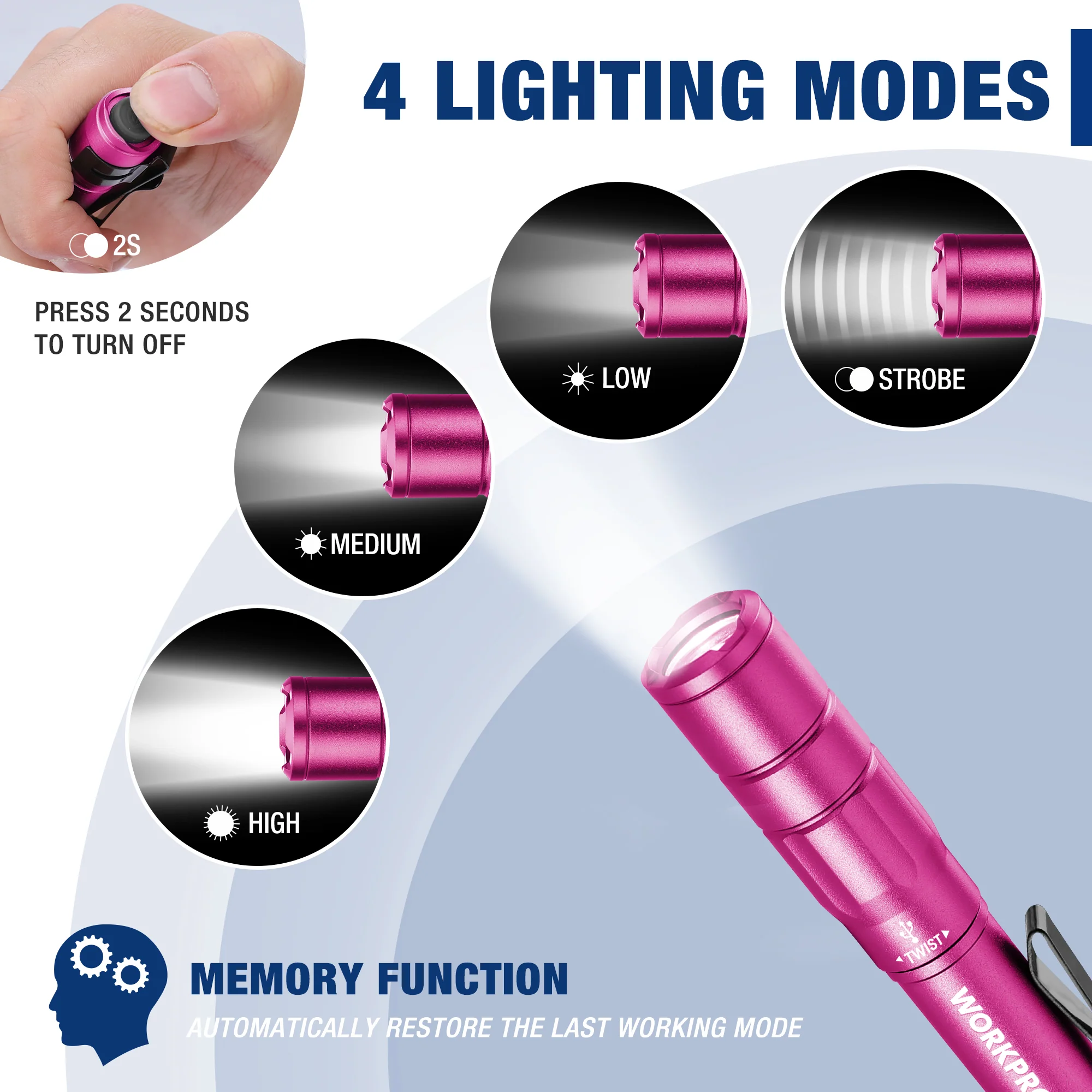 WORKPRO 2 Pack Mini EDC Rechargeable Pen Light with Clip, Memory Function and 2 x USB C Cable Included - Pink Ribbon - Image 4