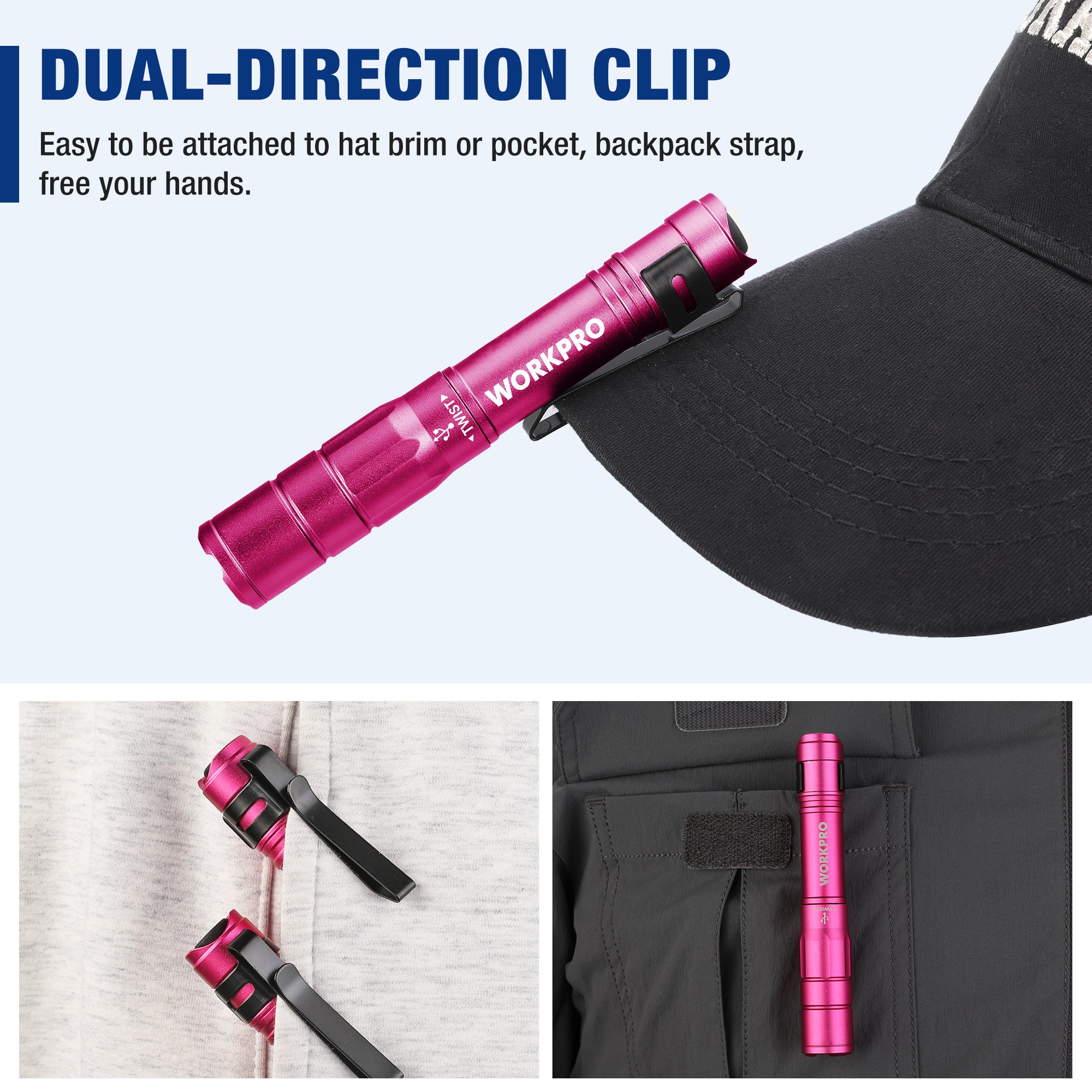 WORKPRO 2 Pack Mini EDC Rechargeable Pen Light with Clip, Memory Function and 2 x USB C Cable Included - Pink Ribbon - Image 5