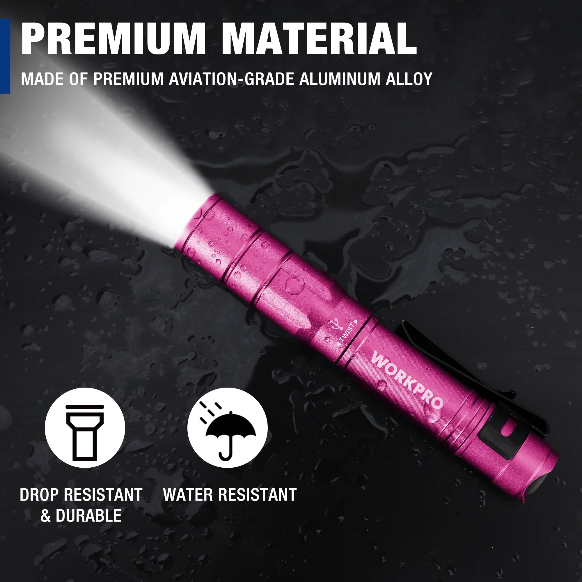 WORKPRO 2 Pack Mini EDC Rechargeable Pen Light with Clip, Memory Function and 2 x USB C Cable Included - Pink Ribbon - Image 6