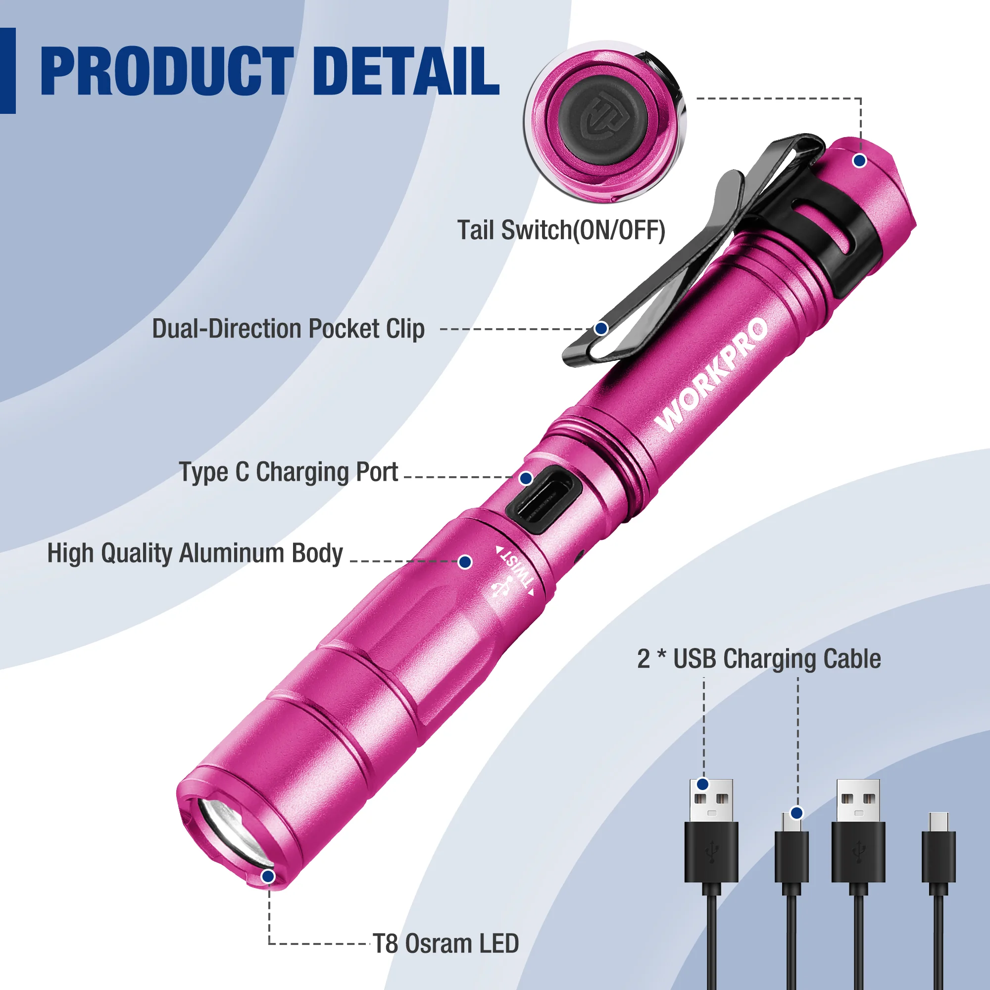 WORKPRO 2 Pack Mini EDC Rechargeable Pen Light with Clip, Memory Function and 2 x USB C Cable Included - Pink Ribbon - Image 7