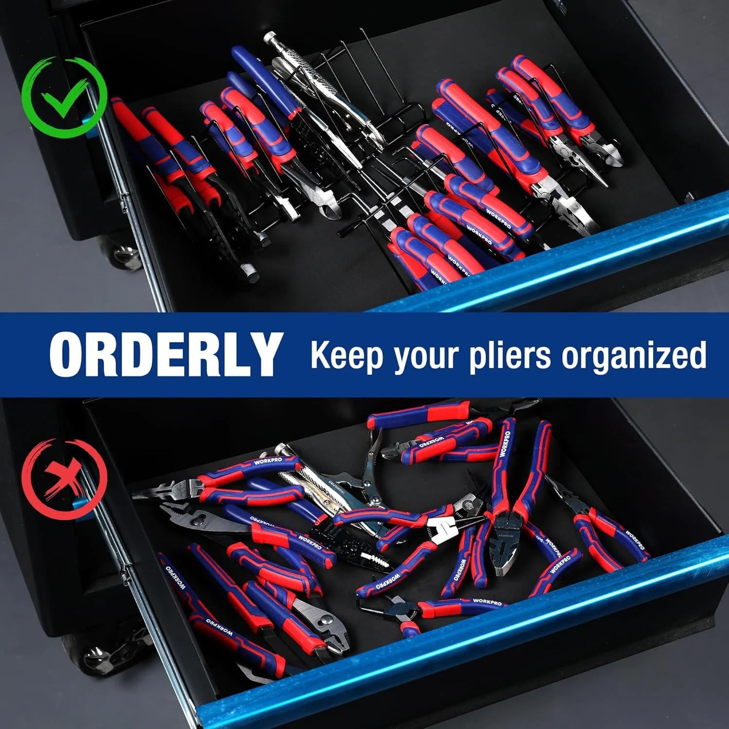 WORKPRO 2-Pack Plier Organizer Rack, 20 Slots Tool Drawer Organizer for Spring-Loaded, Regular and Wide-Handle Pliers, Metal Wire Construction, Black Coating, 11.2" x 5.5" x 2.6" (Pliers Not Included) - Image 6