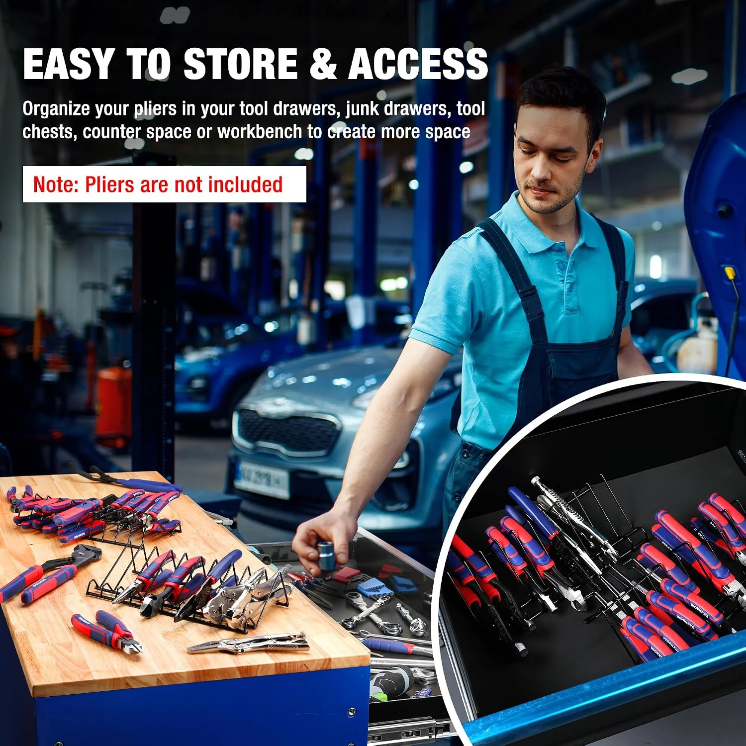 WORKPRO 2-Pack Plier Organizer Rack, 20 Slots Tool Drawer Organizer for Spring-Loaded, Regular and Wide-Handle Pliers, Metal Wire Construction, Black Coating, 11.2" x 5.5" x 2.6" (Pliers Not Included) - Image 7