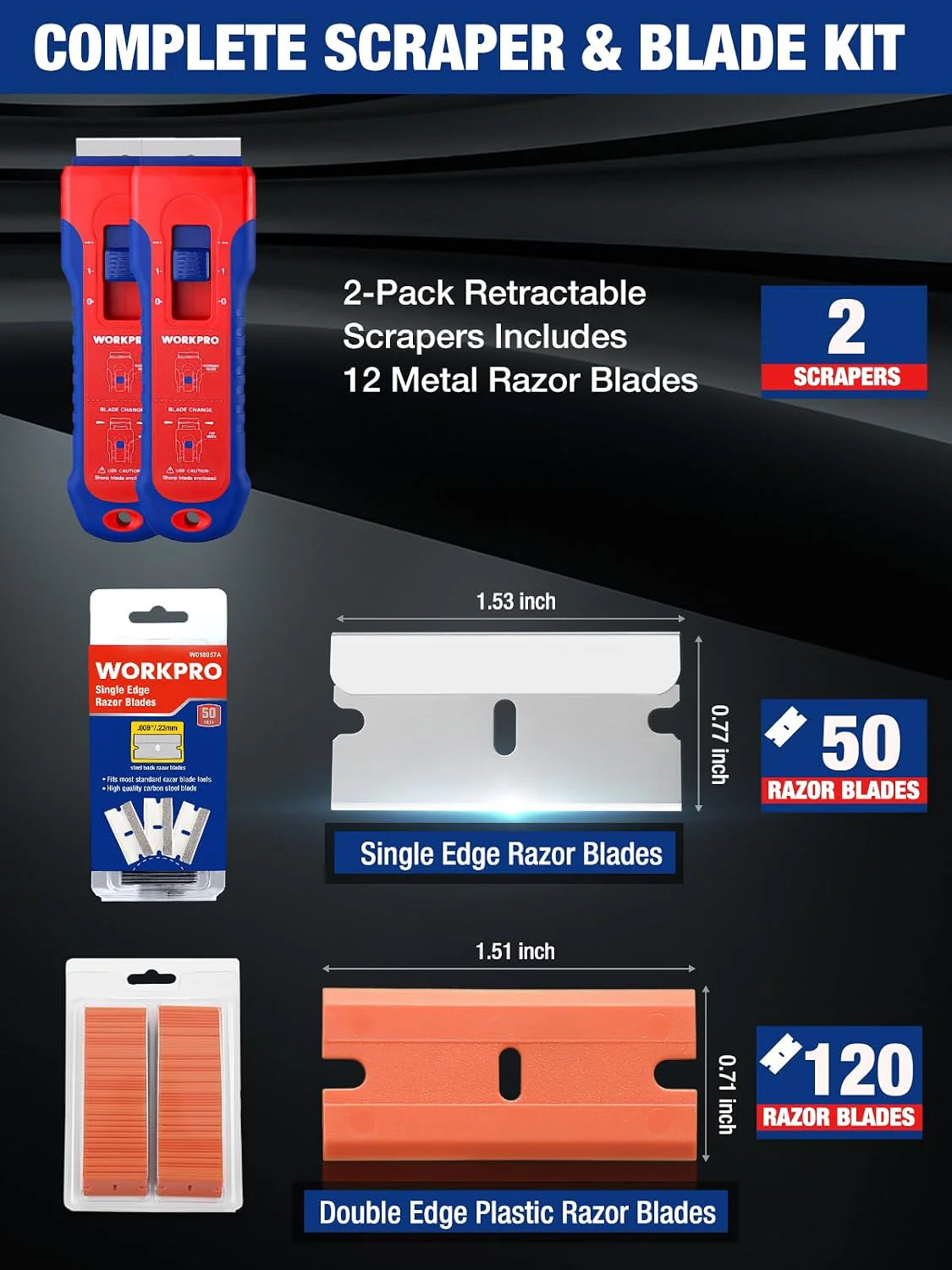 WORKPRO 2-Pack Retractable Razor Scraper Set with Built-in Blade Storage, 182 Blades, 62 Metal Razor Blades & 120 Plastic Blades for Paint Removal, Stickers, Adhesive, Glass, Ceramic and Wood - Image 3