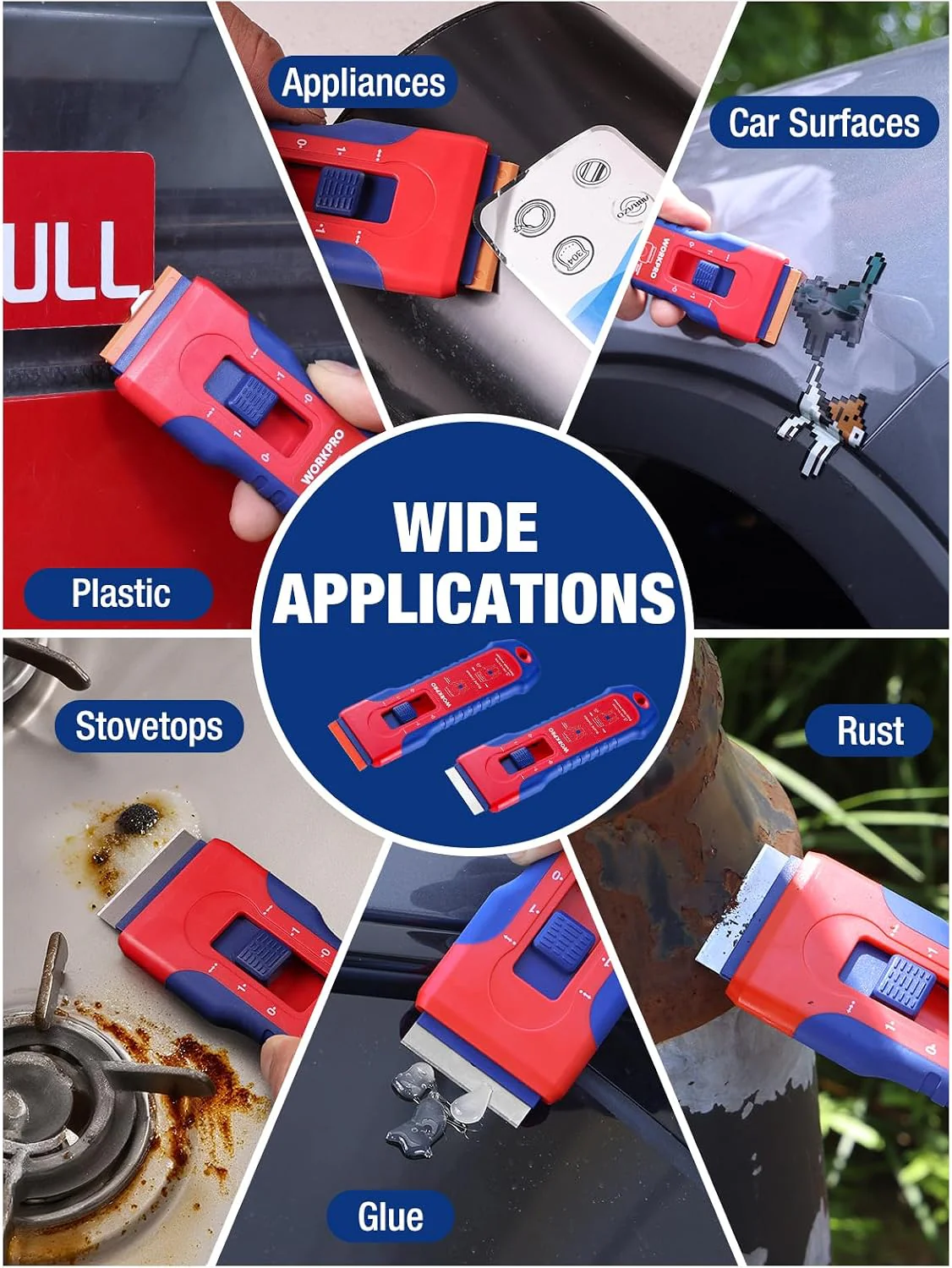 WORKPRO 2-Pack Retractable Razor Scraper Set with Built-in Blade Storage, 182 Blades, 62 Metal Razor Blades & 120 Plastic Blades for Paint Removal, Stickers, Adhesive, Glass, Ceramic and Wood - Image 7