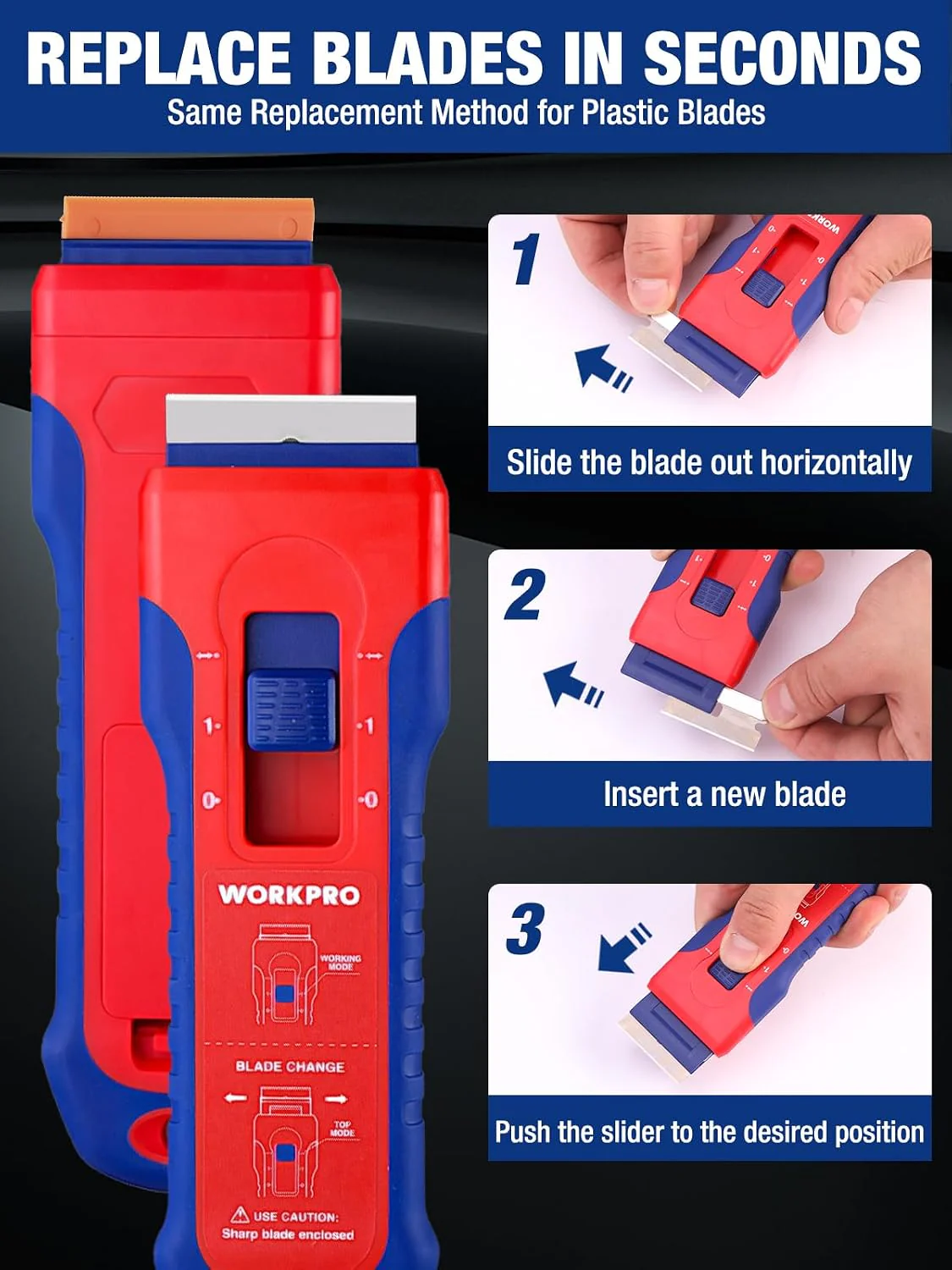 WORKPRO 2-Pack Retractable Razor Scraper Set with Built-in Blade Storage, 182 Blades, 62 Metal Razor Blades & 120 Plastic Blades for Paint Removal, Stickers, Adhesive, Glass, Ceramic and Wood - Image 8