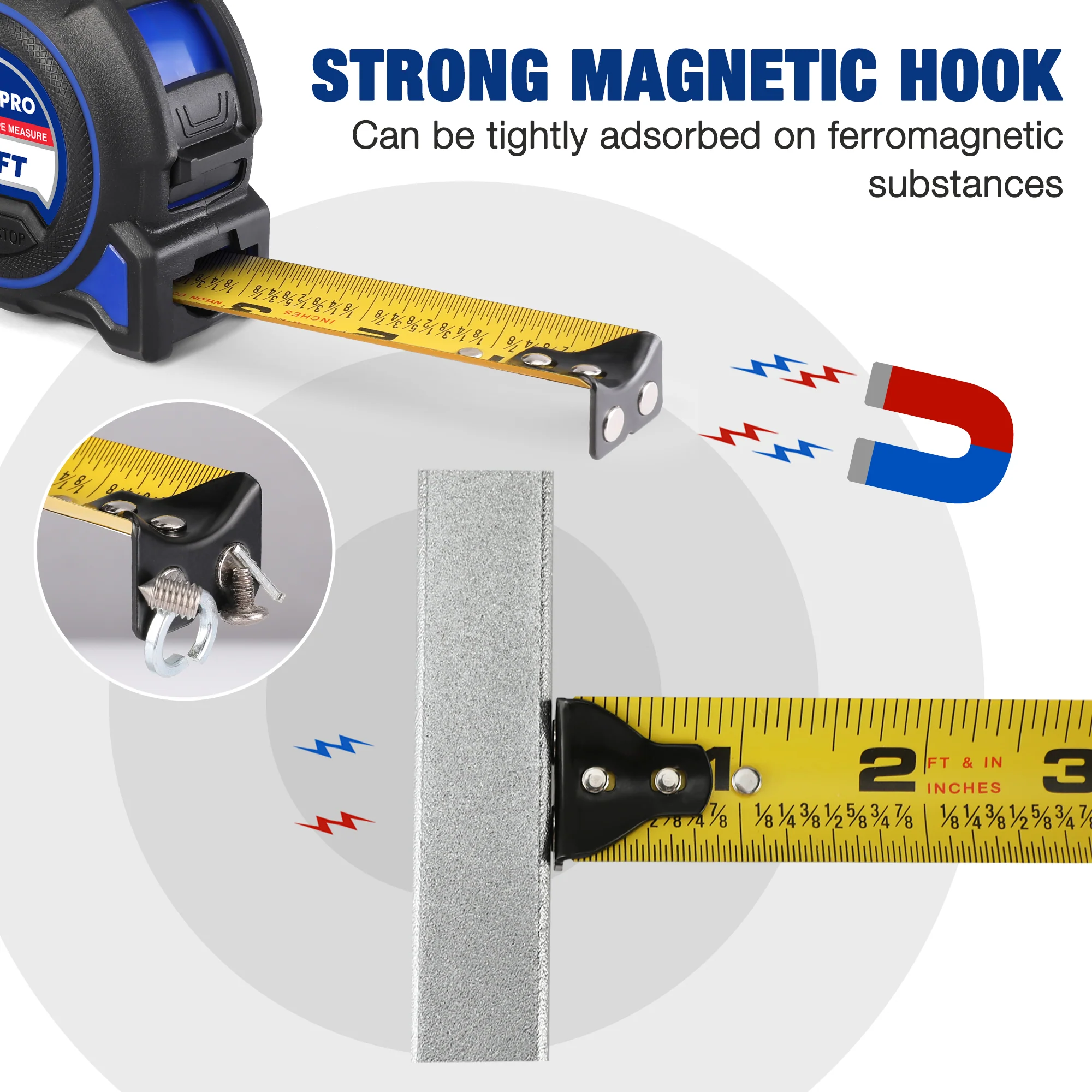 WORKPRO 2 Pcs 16FT Retractable Heavy Duty Tape Measure, Double Retract Long Stand Accuracy 1/32, with Magnetic Hook, Belt Clip, Rubber Protective Casing - Image 6