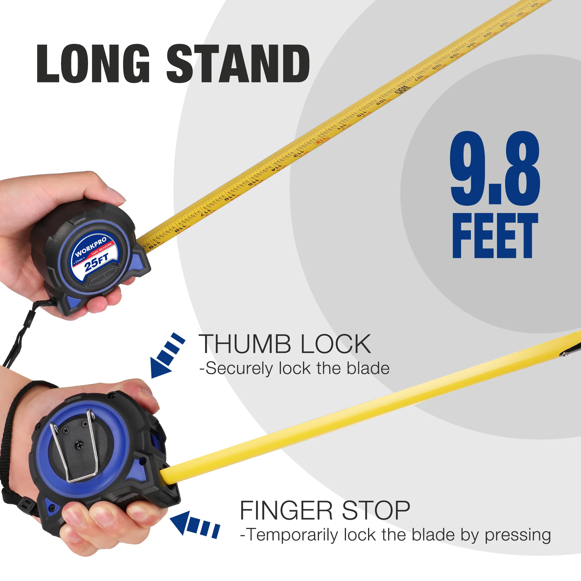 WORKPRO 2 Pcs 25FT Retractable Heavy Duty Tape Measure,  Double Retract Long Stand  Accuracy 1/32, with Magnetic Hook, Belt Clip, Rubber Protective Casing - Image 4