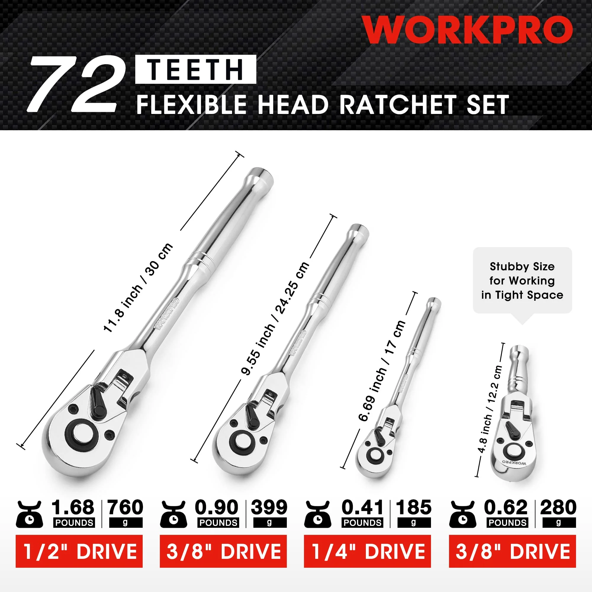 WORKPRO 2 Pcs/4 Pcs Flex Head Ratchet Set, 1/4", 3/8", 1/2" Drive, 3/8" Stubby - Image 6