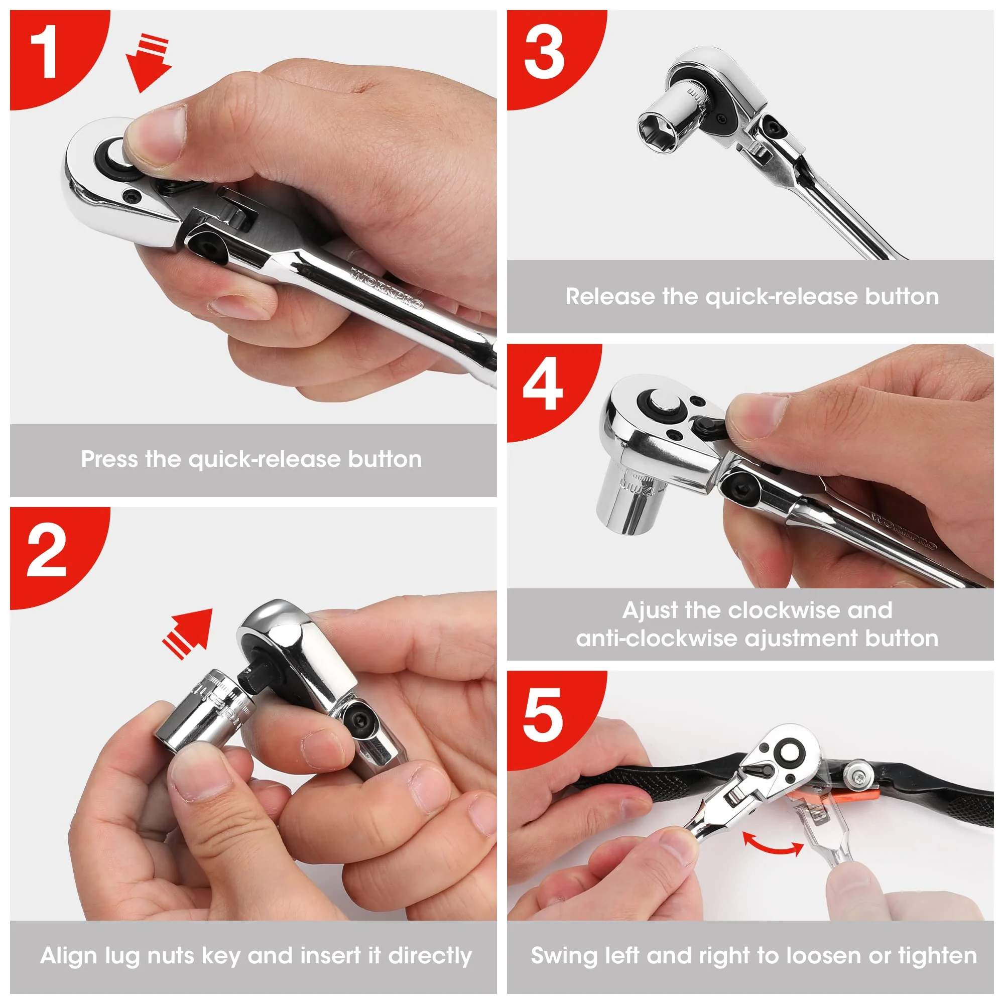 WORKPRO 2 Pcs/4 Pcs Flex Head Ratchet Set, 1/4", 3/8", 1/2" Drive, 3/8" Stubby - Image 8