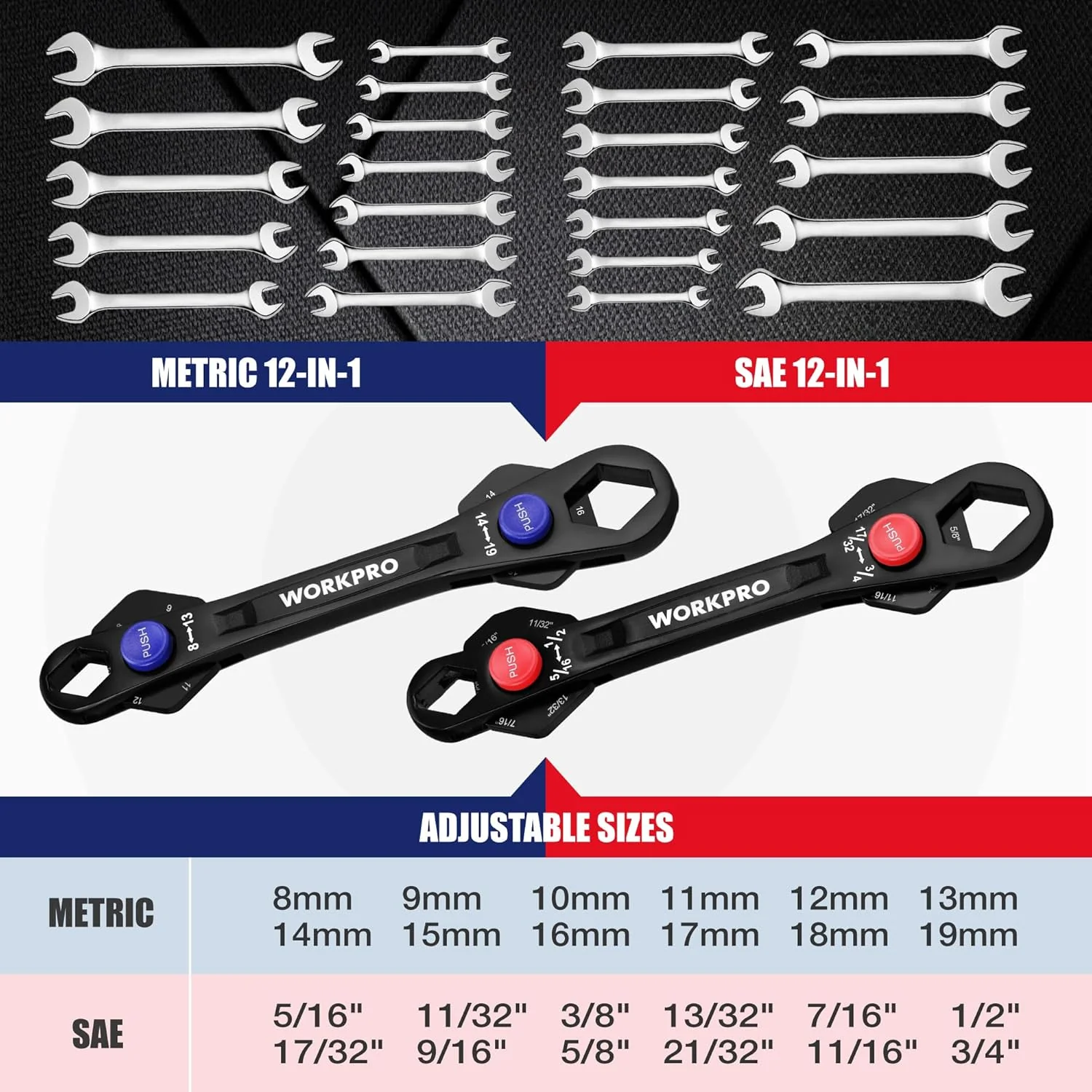 WORKPRO 2-Piece 12-in-1 Universal Adjustable Wrench Set, 8-19mm Metric & 5/16"-3/4" SAE Multi-Size Wrenches with Heat-Treated Cr-Mo Steel, ASME Standard, Multi-Position Head, for Home, Workshop, DIY - Image 2