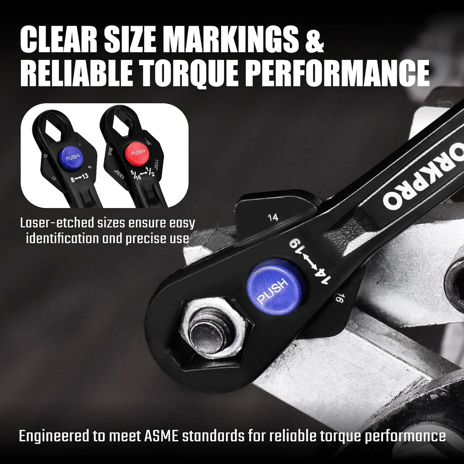 WORKPRO 2-Piece 12-in-1 Universal Adjustable Wrench Set, 8-19mm Metric & 5/16"-3/4" SAE Multi-Size Wrenches with Heat-Treated Cr-Mo Steel, ASME Standard, Multi-Position Head, for Home, Workshop, DIY - Image 5