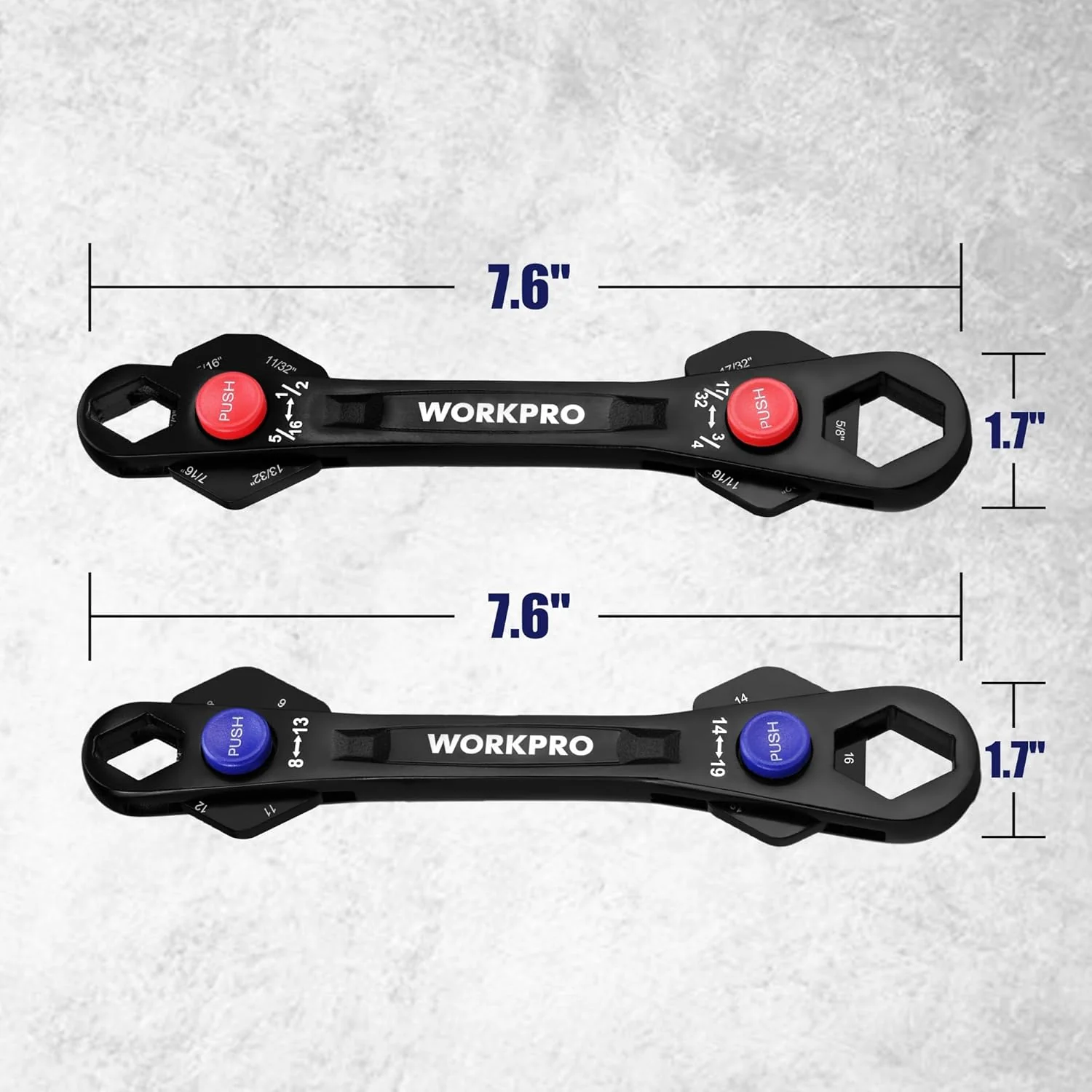 WORKPRO 2-Piece 12-in-1 Universal Adjustable Wrench Set, 8-19mm Metric & 5/16"-3/4" SAE Multi-Size Wrenches with Heat-Treated Cr-Mo Steel, ASME Standard, Multi-Position Head, for Home, Workshop, DIY - Image 6