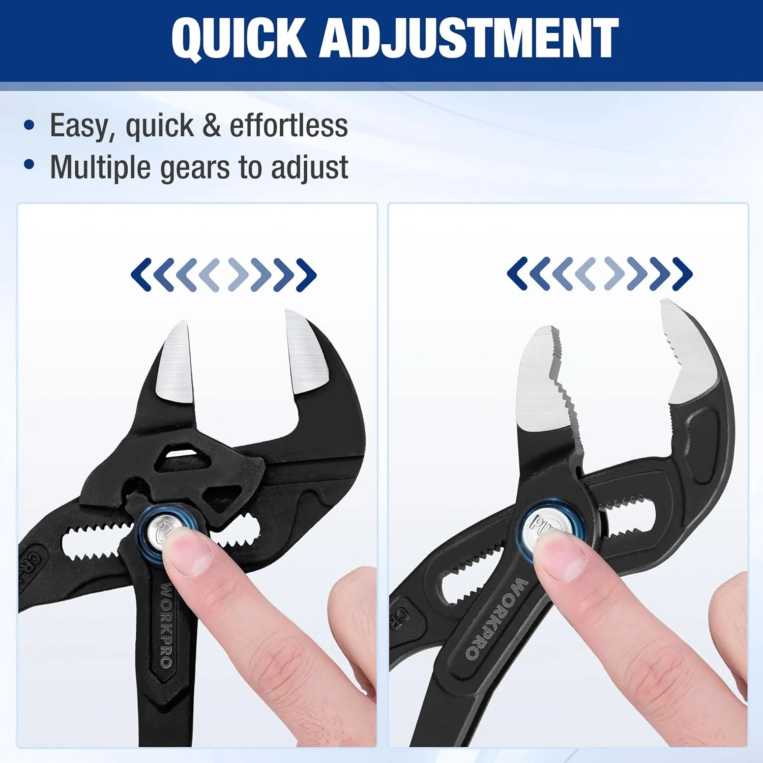 WORKPRO 2-Piece 7-Inch Pliers Wrench & 10-Inch Groove Joint Pliers Set, Quick Adjustment, CR-V Steel, Smooth Jaw & V-Jaw, Upgraded Wide Opening, Ergonomic Grip - for Plumbing, Pipe Work, DIY Projects - Image 3