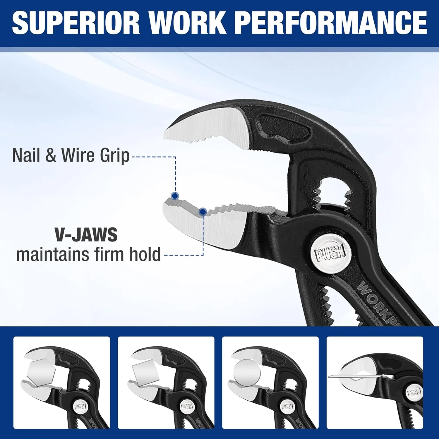 WORKPRO 2-Piece 7-Inch Pliers Wrench & Groove Joint Pliers Set, Quick Adjustment, CR-V Steel, Smooth Jaw & V-Jaw, Upgraded Wide Opening, Soft Grip - for Plumbing, Pipe Fittings, Household Repairs - Image 4