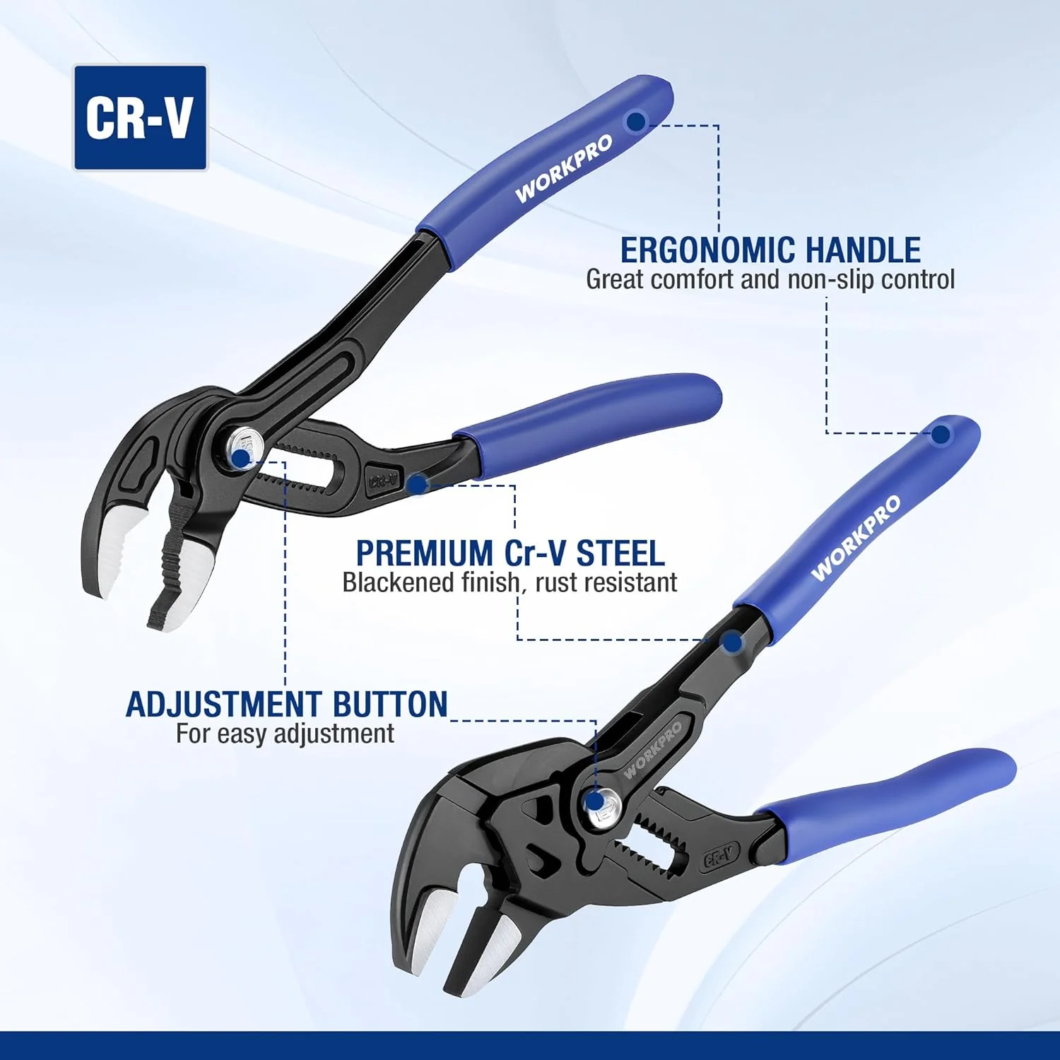 WORKPRO 2-Piece 7-Inch Pliers Wrench & Groove Joint Pliers Set, Quick Adjustment, CR-V Steel, Smooth Jaw & V-Jaw, Upgraded Wide Opening, Soft Grip - for Plumbing, Pipe Fittings, Household Repairs - Image 6