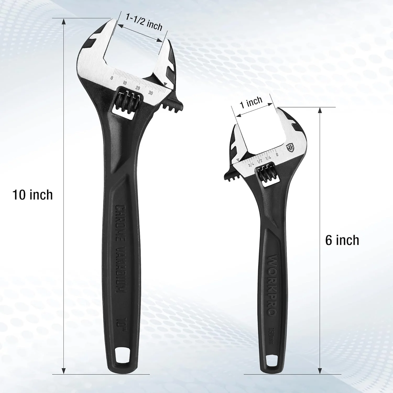 WORKPRO 2-piece Adjustable Wrench Set, 6-Inch & 10-Inch Wrenches, Cr-V Steel, Wide Jaw Wrench with Metric & SAE Scale, good for Home, Garage, Workshop - Image 5