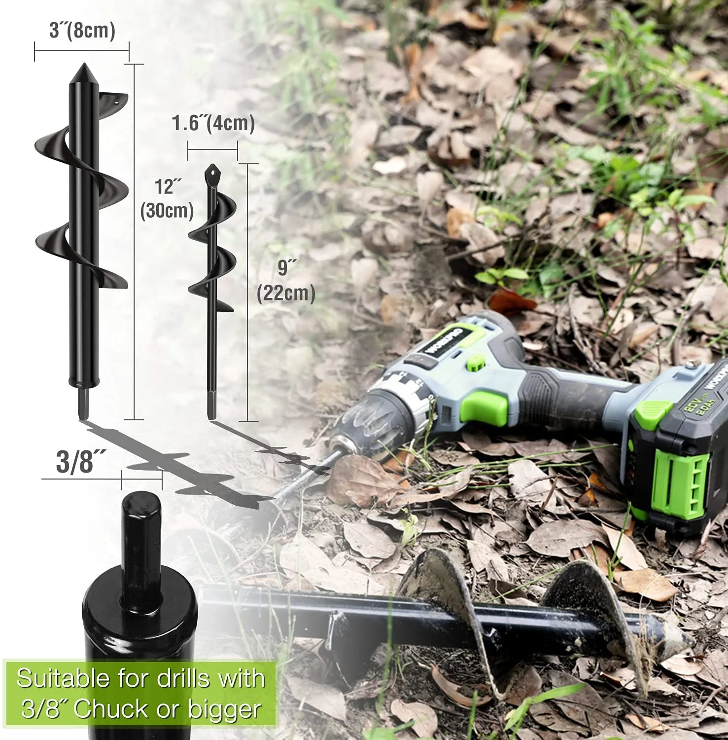 WORKPRO 2 Pcs Auger Drill Bit, 1.6"x9" and 3"x12" Garden Auger Spiral Drill Bit - Image 4
