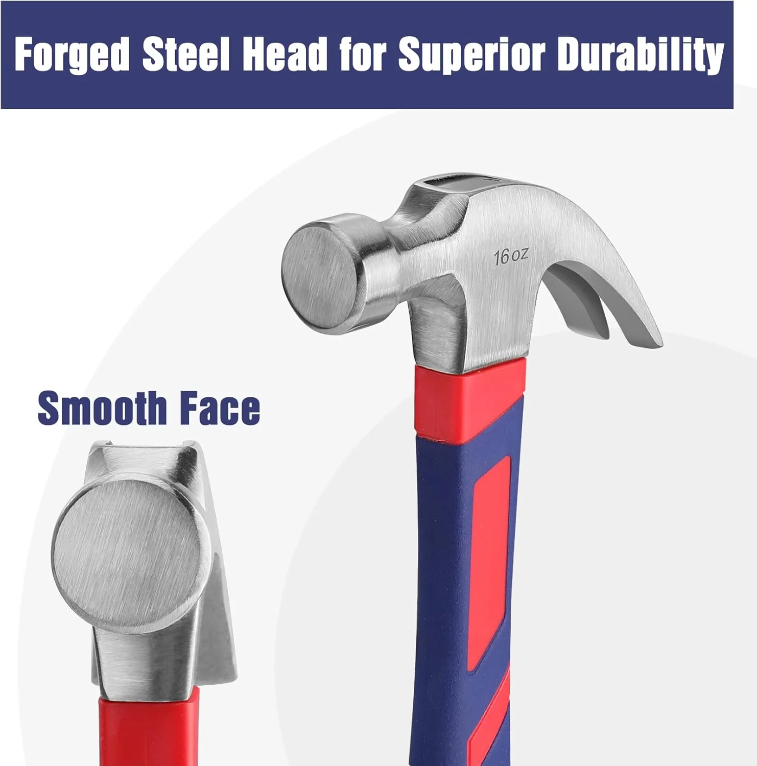 WORKPRO 2-Piece Claw Hammer Set, 8 oz Mini Stubby & 16 oz Fiberglass General Purpose, Soft Nonslip Handle & Heat Treated Head - Image 3
