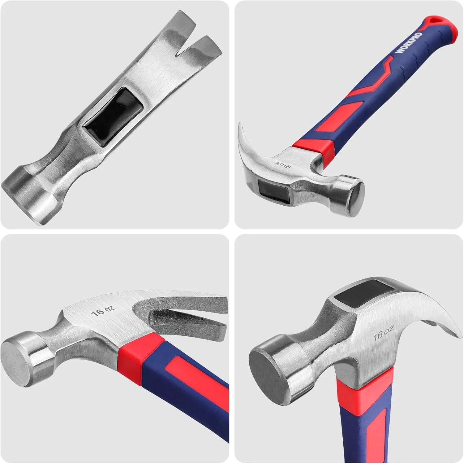 WORKPRO 2-Piece Claw Hammer Set, 8 oz Mini Stubby & 16 oz Fiberglass General Purpose, Soft Nonslip Handle & Heat Treated Head - Image 4