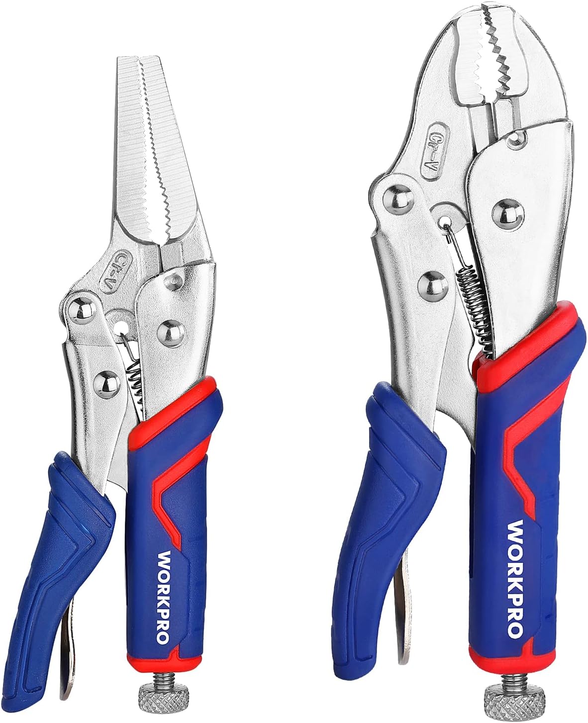WORKPRO 2-piece Locking Pliers Set, CR-V Steel Locking Pliers, 7 Inch Curved Jaw Locking Plier and 6-1/2 Inch Long Nose Locking Plier, Quick Release, Fit for Clamping Twisting Welding