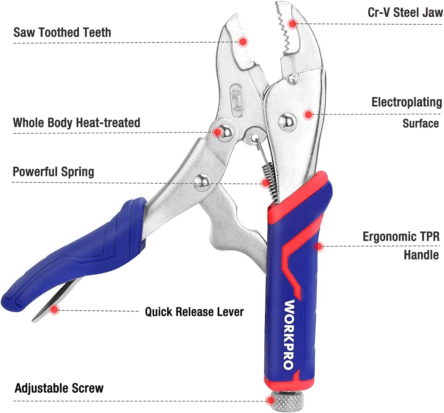 WORKPRO 2-piece Locking Pliers Set, CR-V Steel Locking Pliers, 7 Inch Curved Jaw Locking Plier and 6-1/2 Inch Long Nose Locking Plier, Quick Release, Fit for Clamping Twisting Welding - Image 4