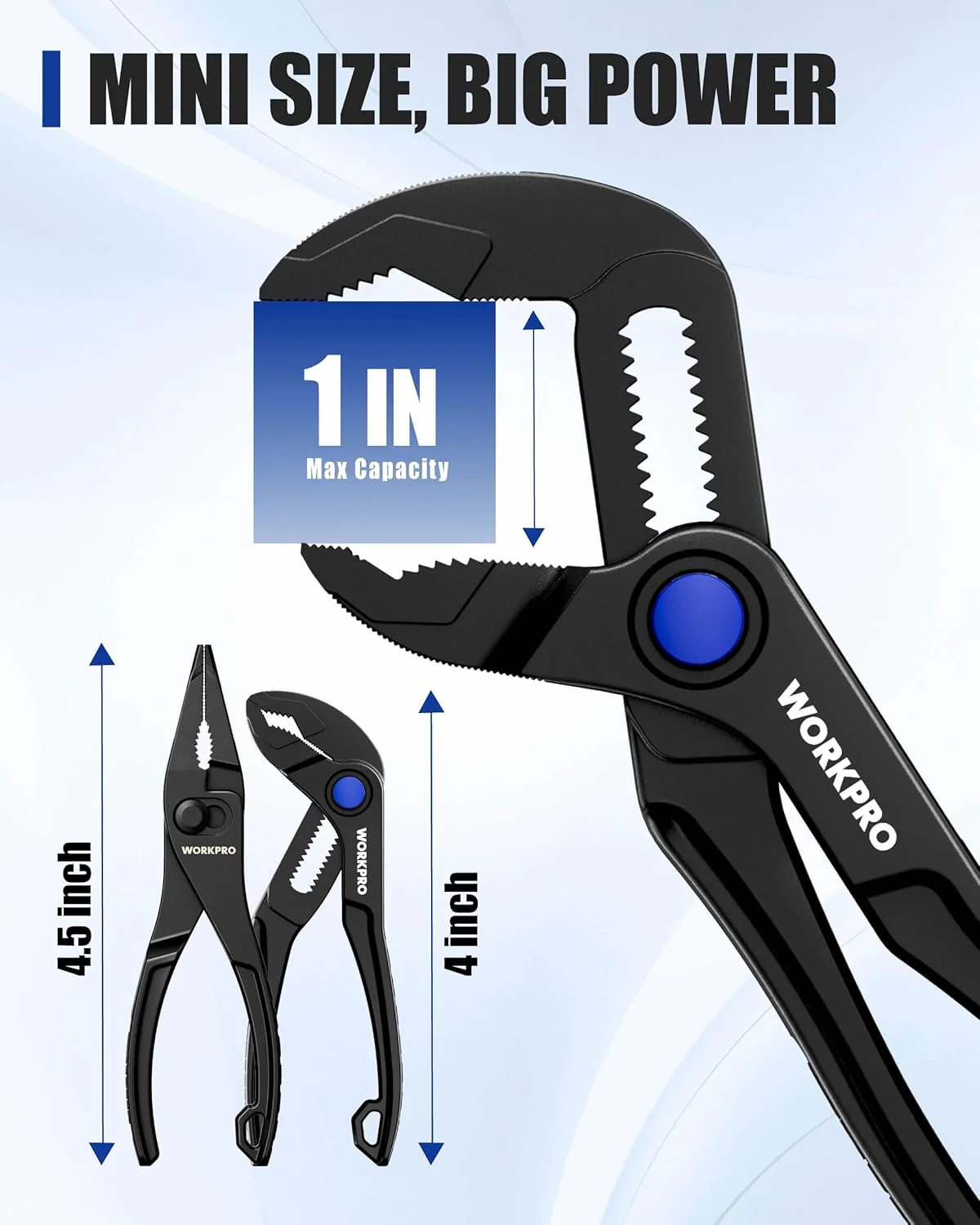 WORKPRO 2-Piece Mini Pliers Set with Pouch, 4-Inch Water Pump Plier & 4.5-Inch Long Nose Slip Joint Plier, Heavy-Duty Alloy Steel Mini Adjustable Plier, EDC Pliers for Tight Spaces & Versatile Use - Image 3