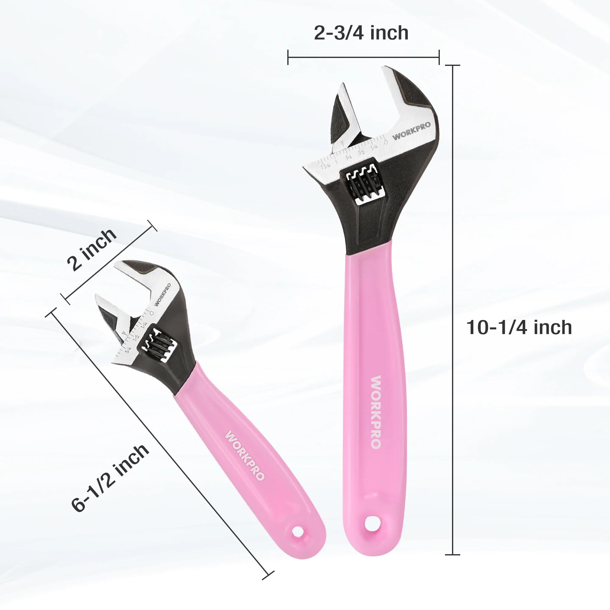 WORKPRO 2-piece Pink Adjustable Wrench Set, 6-Inch & 10-Inch, Wide Jaw Black Oxide Wrench, Metric & SAE Scales, Cr-V Steel - Pink Ribbon - Image 2