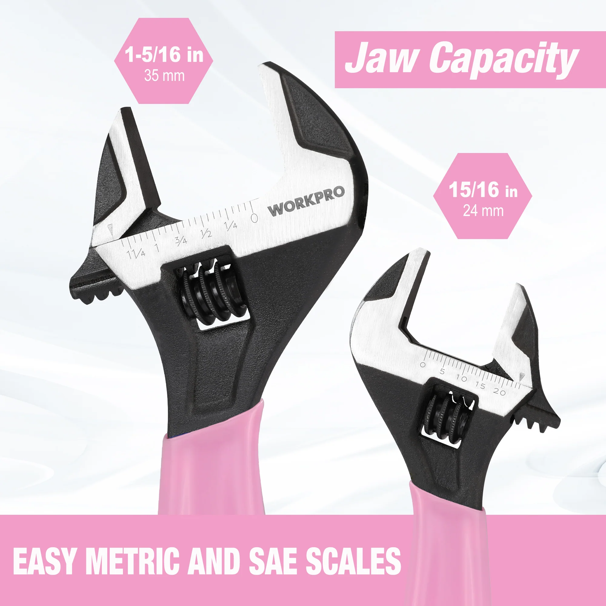 WORKPRO 2-piece Pink Adjustable Wrench Set, 6-Inch & 10-Inch, Wide Jaw Black Oxide Wrench, Metric & SAE Scales, Cr-V Steel - Pink Ribbon - Image 5