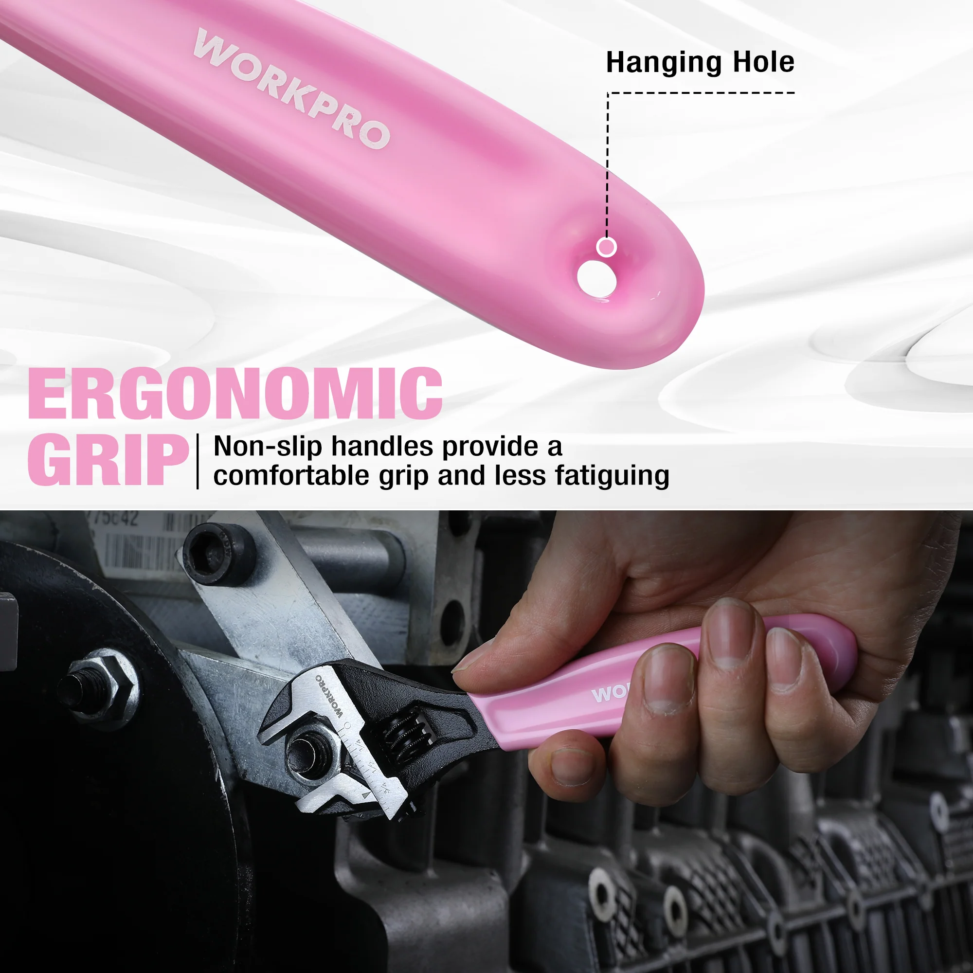 WORKPRO 2-piece Pink Adjustable Wrench Set, 6-Inch & 10-Inch, Wide Jaw Black Oxide Wrench, Metric & SAE Scales, Cr-V Steel - Pink Ribbon - Image 6