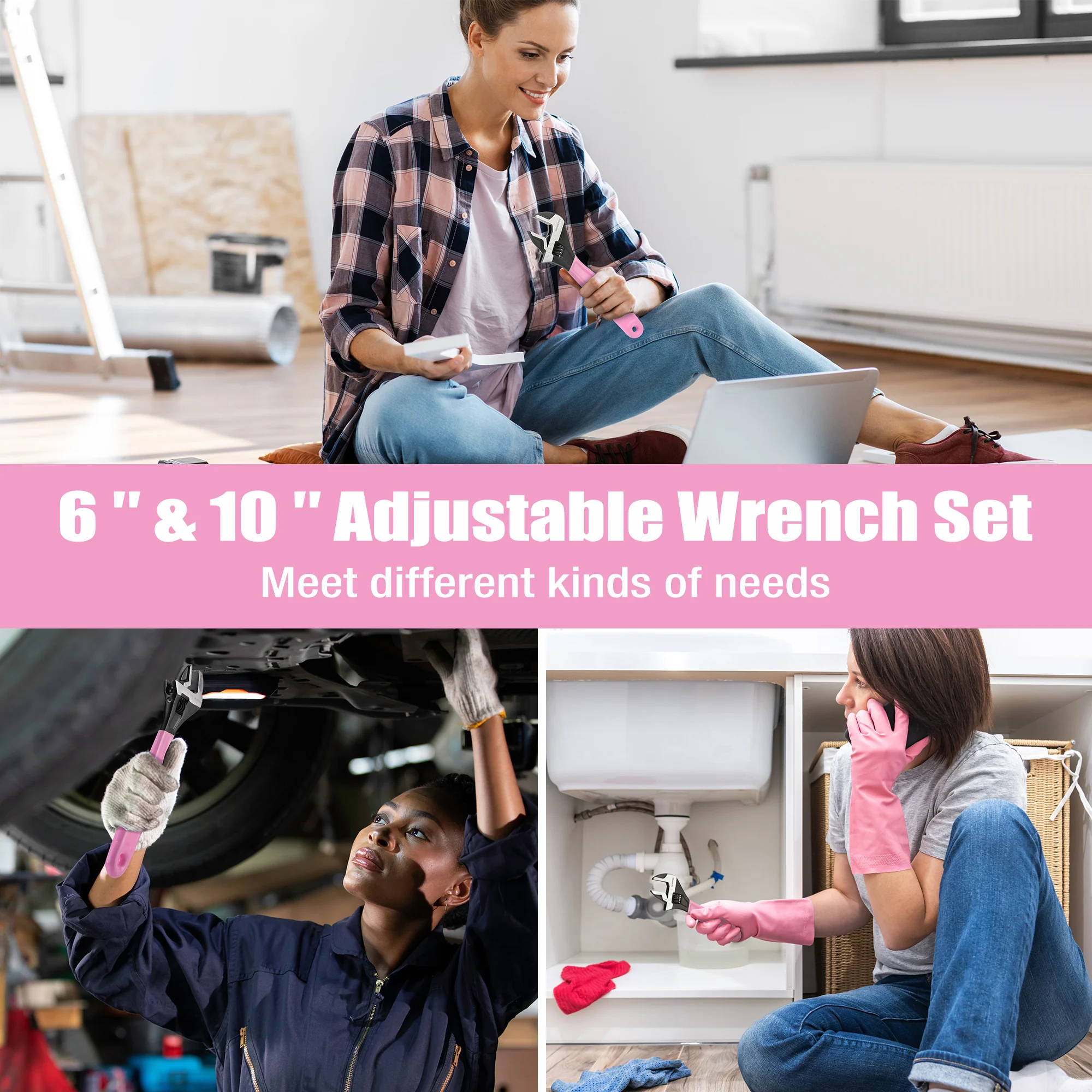 WORKPRO 2-piece Pink Adjustable Wrench Set, 6-Inch & 10-Inch, Wide Jaw Black Oxide Wrench, Metric & SAE Scales, Cr-V Steel - Pink Ribbon - Image 7