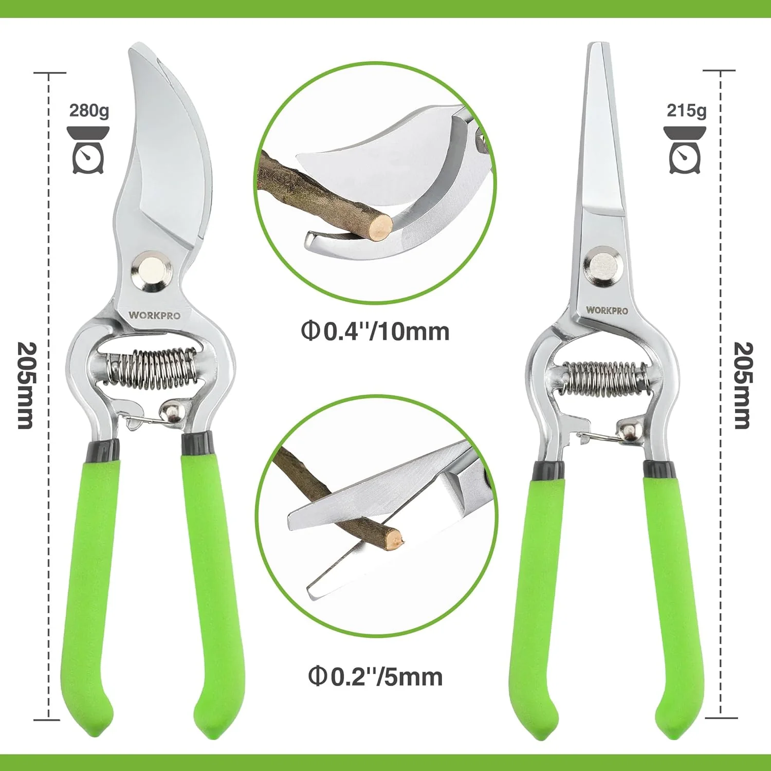 WORKPRO 2-Piece Pruning Shears & Garden Belt Set，8" Bypass & Hand Pruners | Ultra Sharp Carbon Steel, 5-Pocket Durable Oxford Tool Pouch, For Gardening, Carpentry, and DIY Projects - Image 3