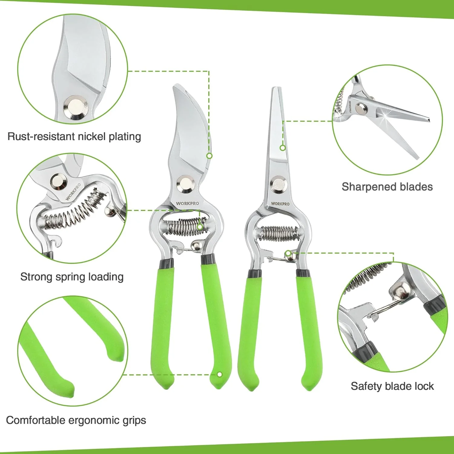 WORKPRO 2-Piece Pruning Shears & Garden Belt Set，8" Bypass & Hand Pruners | Ultra Sharp Carbon Steel, 5-Pocket Durable Oxford Tool Pouch, For Gardening, Carpentry, and DIY Projects - Image 5