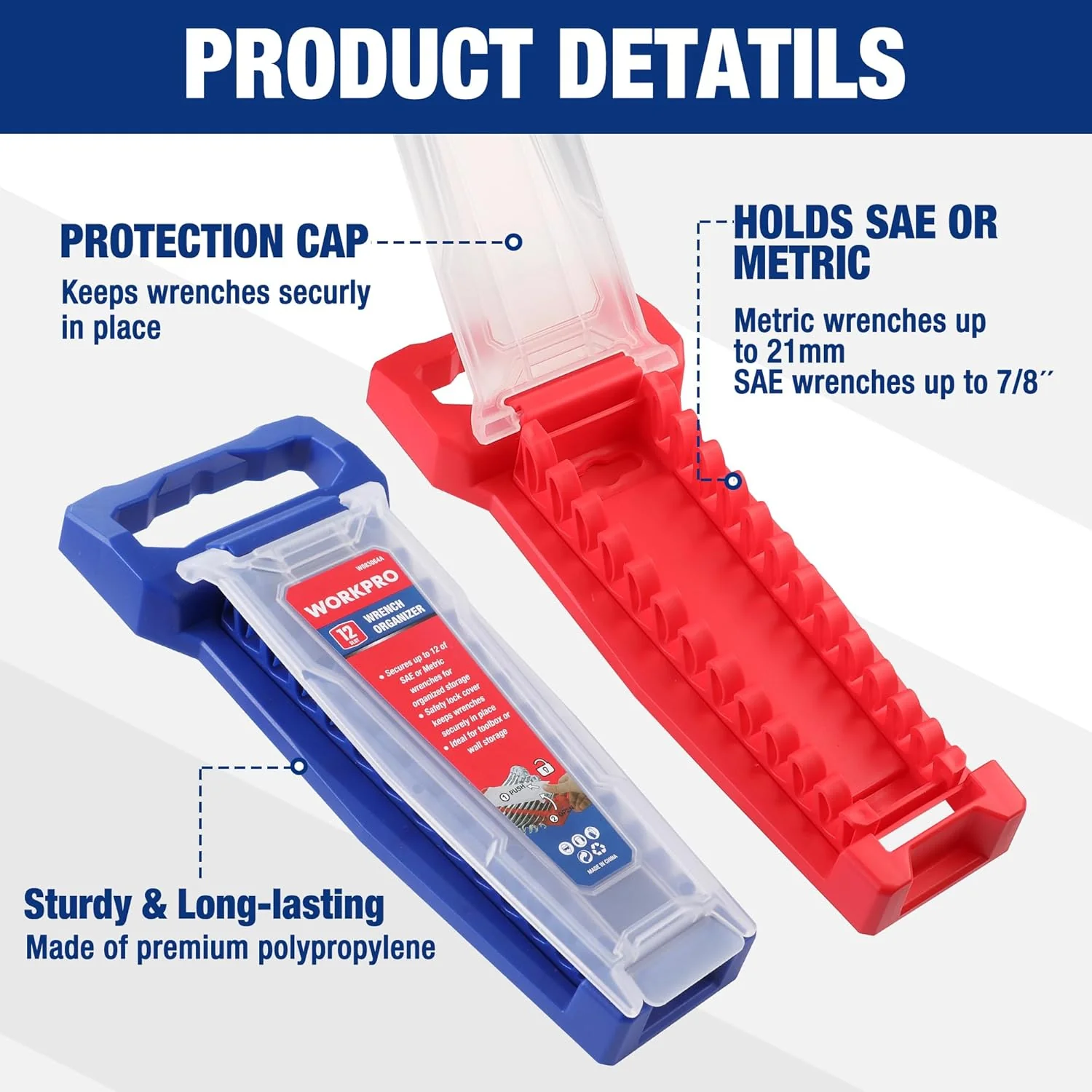 WORKPRO 2-Piece Wrench Organizer, 24-Slot Wrench Holder Set with Lock Cover | Plastic Wrench Storage Metric & SAE Compatibility (Up to 19mm or 7/8), Premium Quality Tool Trays with Carrying Handle - Image 3
