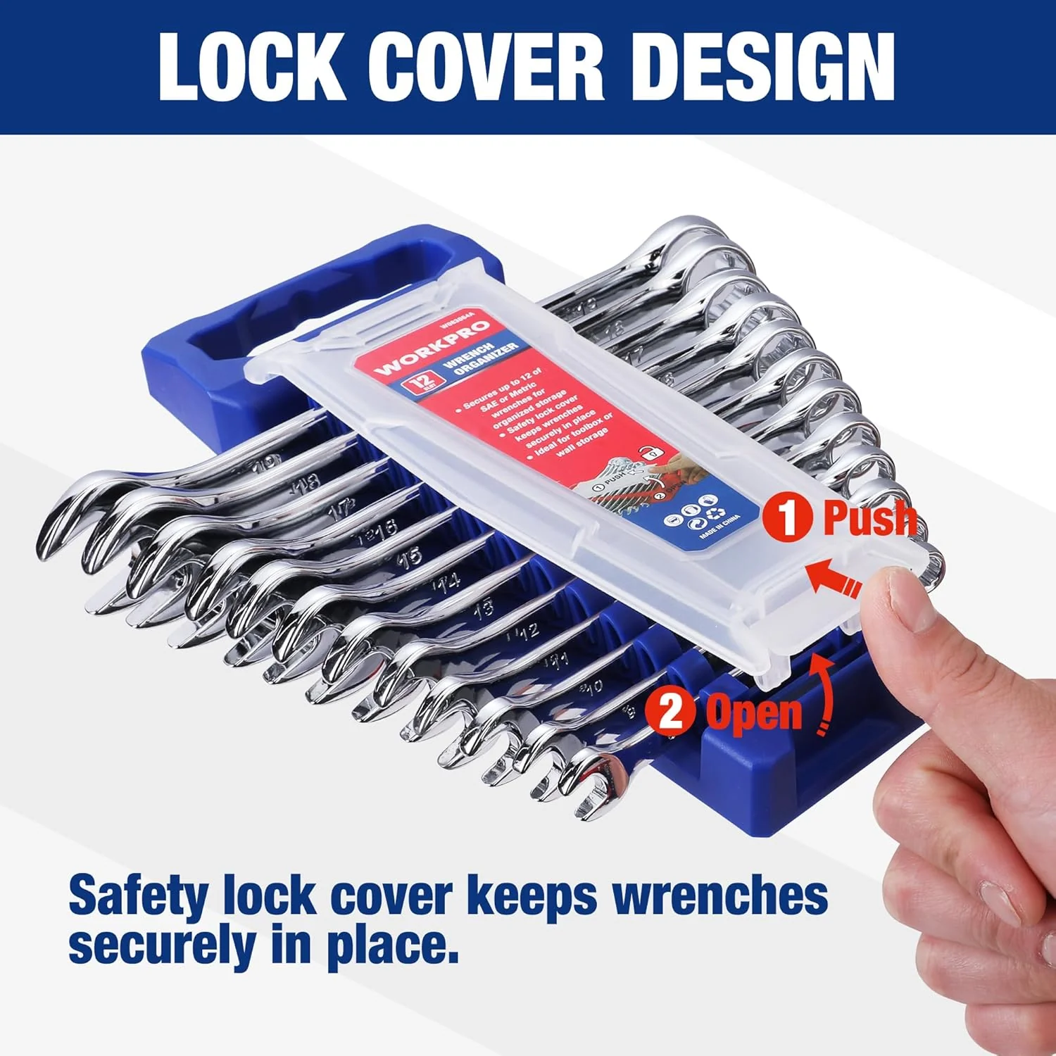 WORKPRO 2-Piece Wrench Organizer, 24-Slot Wrench Holder Set with Lock Cover | Plastic Wrench Storage Metric & SAE Compatibility (Up to 19mm or 7/8), Premium Quality Tool Trays with Carrying Handle - Image 4