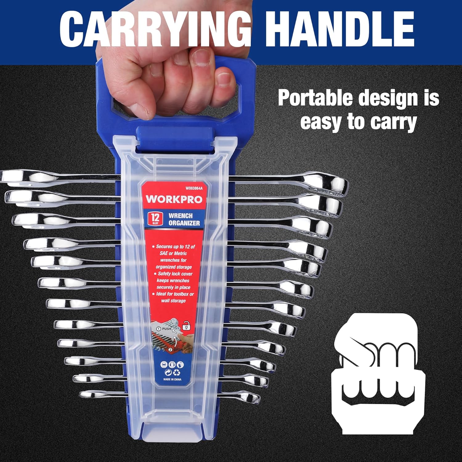 WORKPRO 2-Piece Wrench Organizer, 24-Slot Wrench Holder Set with Lock Cover | Plastic Wrench Storage Metric & SAE Compatibility (Up to 19mm or 7/8), Premium Quality Tool Trays with Carrying Handle - Image 6