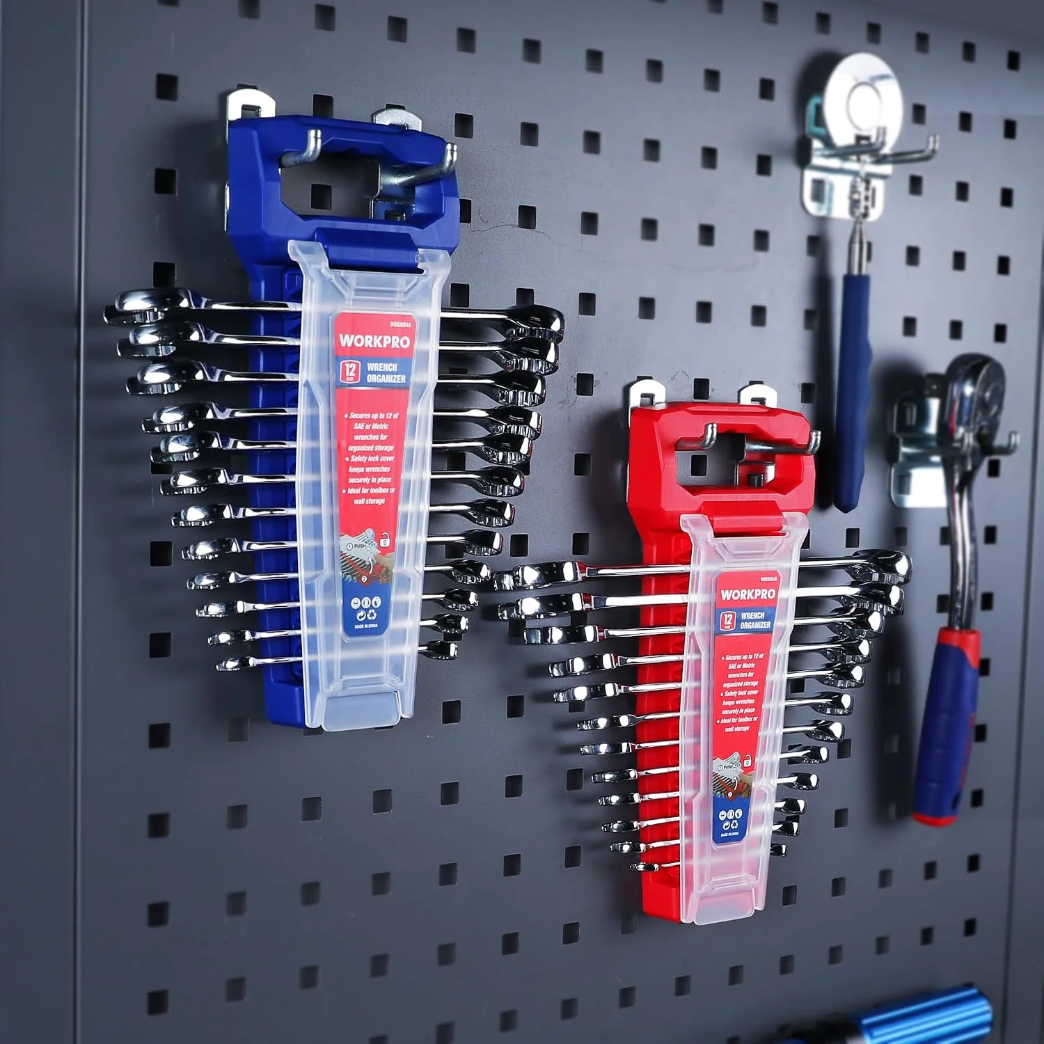 WORKPRO 2-Piece Wrench Organizer, 24-Slot Wrench Holder Set with Lock Cover | Plastic Wrench Storage Metric & SAE Compatibility (Up to 19mm or 7/8), Premium Quality Tool Trays with Carrying Handle - Image 7
