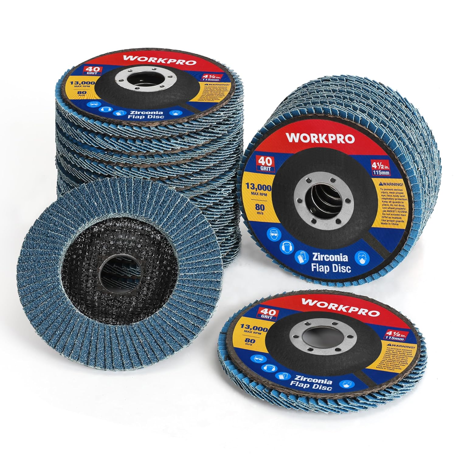 WORKPRO 20-Pack Flap Discs, 4-1/2-inch, Arbor Size 7/8-inch, T29 Zirconia Abrasive Grinding Wheel and Flap Sanding Disc, Includes 40 Grit