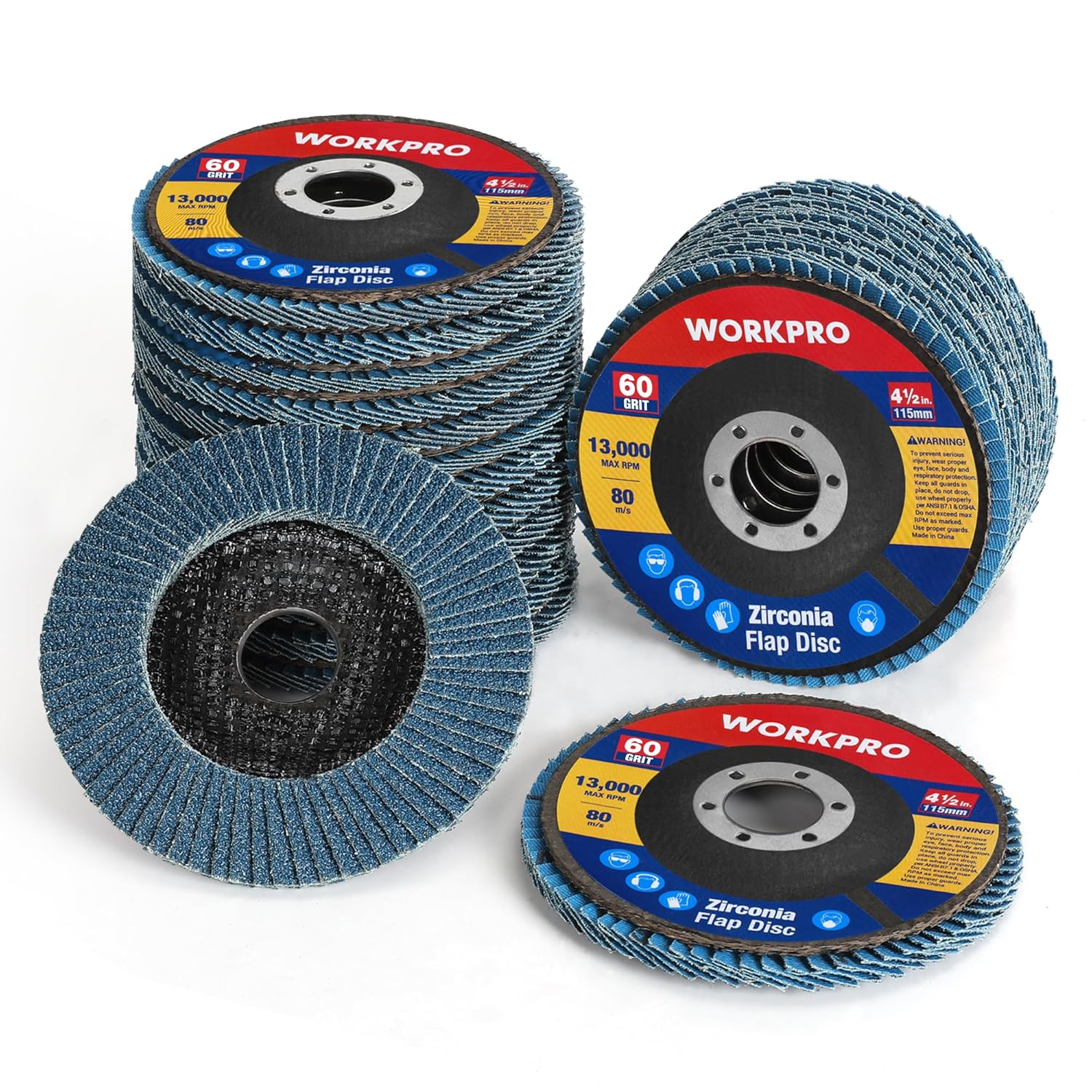 WORKPRO 20-Pack Flap Discs, 4-1/2-inch, Arbor Size 7/8-inch, T29 Zirconia Abrasive Grinding Wheel and Flap Sanding Disc, Includes 60 Grit