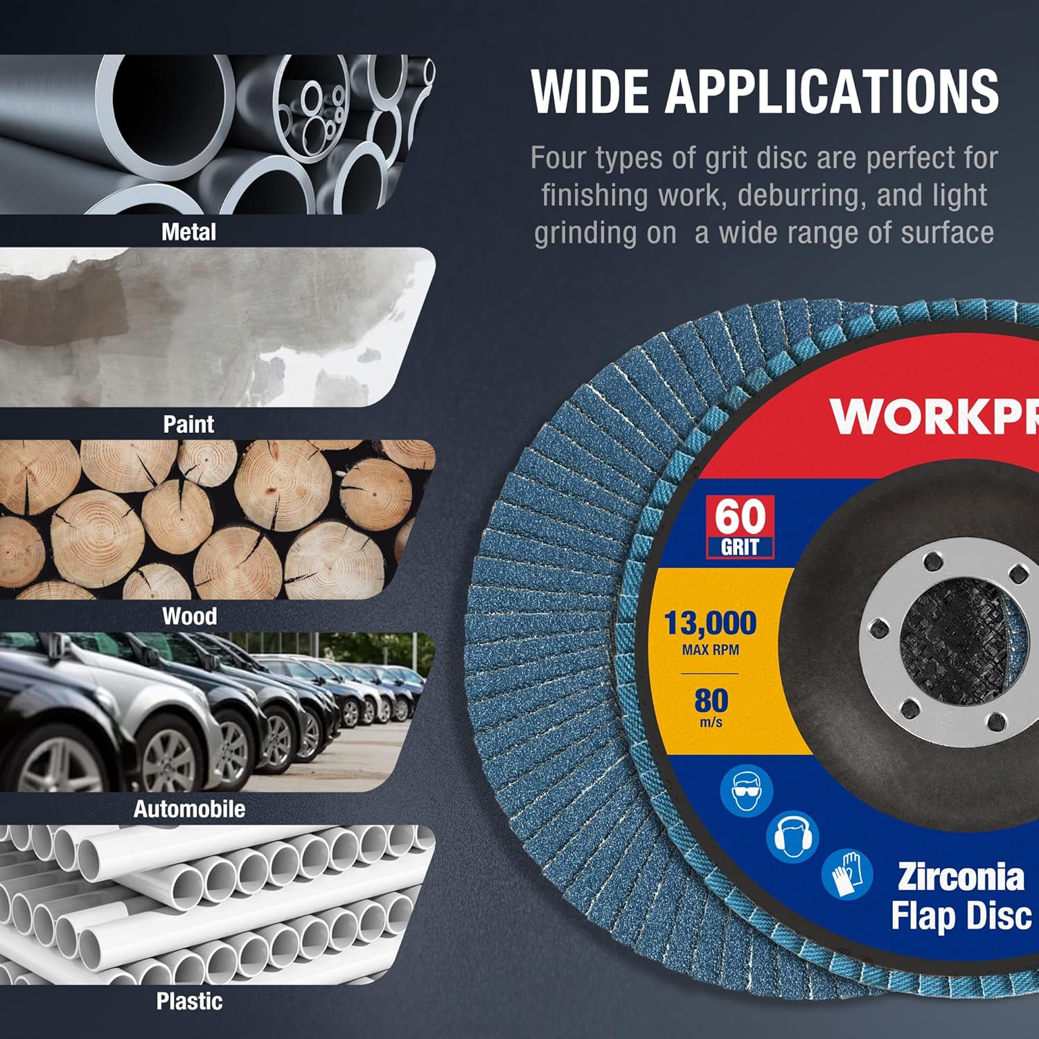 WORKPRO 20-Pack Flap Discs, 4-1/2-inch, Arbor Size 7/8-inch, T29 Zirconia Abrasive Grinding Wheel and Flap Sanding Disc, Includes 60 Grit - Image 3