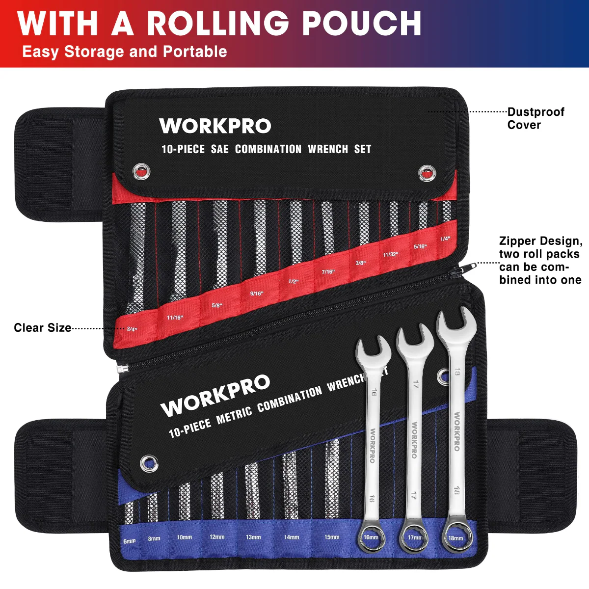 WORKPRO 20 Pcs Metric & SAE Combination Cr-V 12-point Wrench Set, SAE 1/4”- 3/4” and Metric 6mm-18mm - Image 2