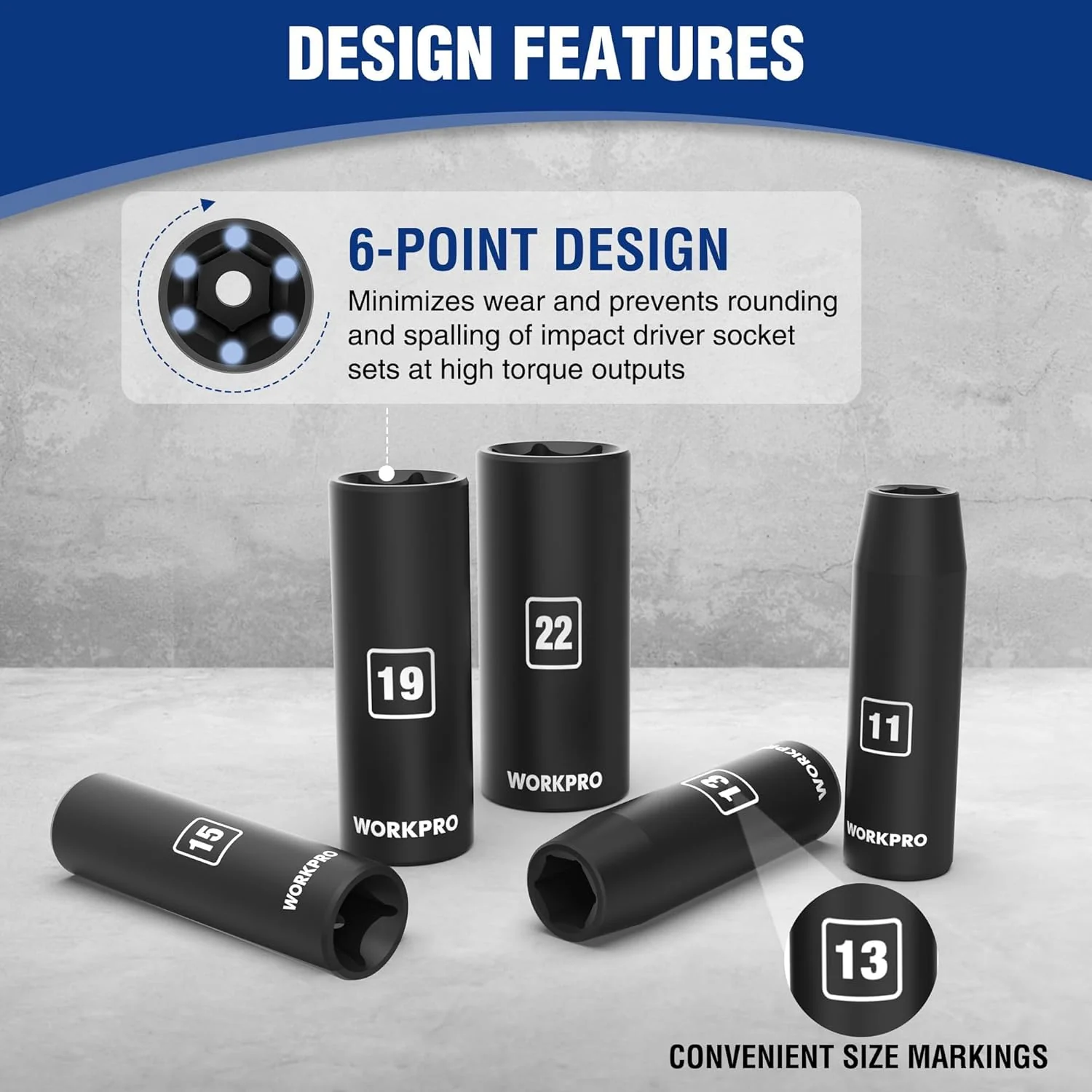WORKPRO 20-Piece 1/2＂ Drive Deep Impact Socket Set, 6-Point, Cr-V Steel, 10-27mm, Universal Joint, Adapter and Extension Bar, Metric - Image 3