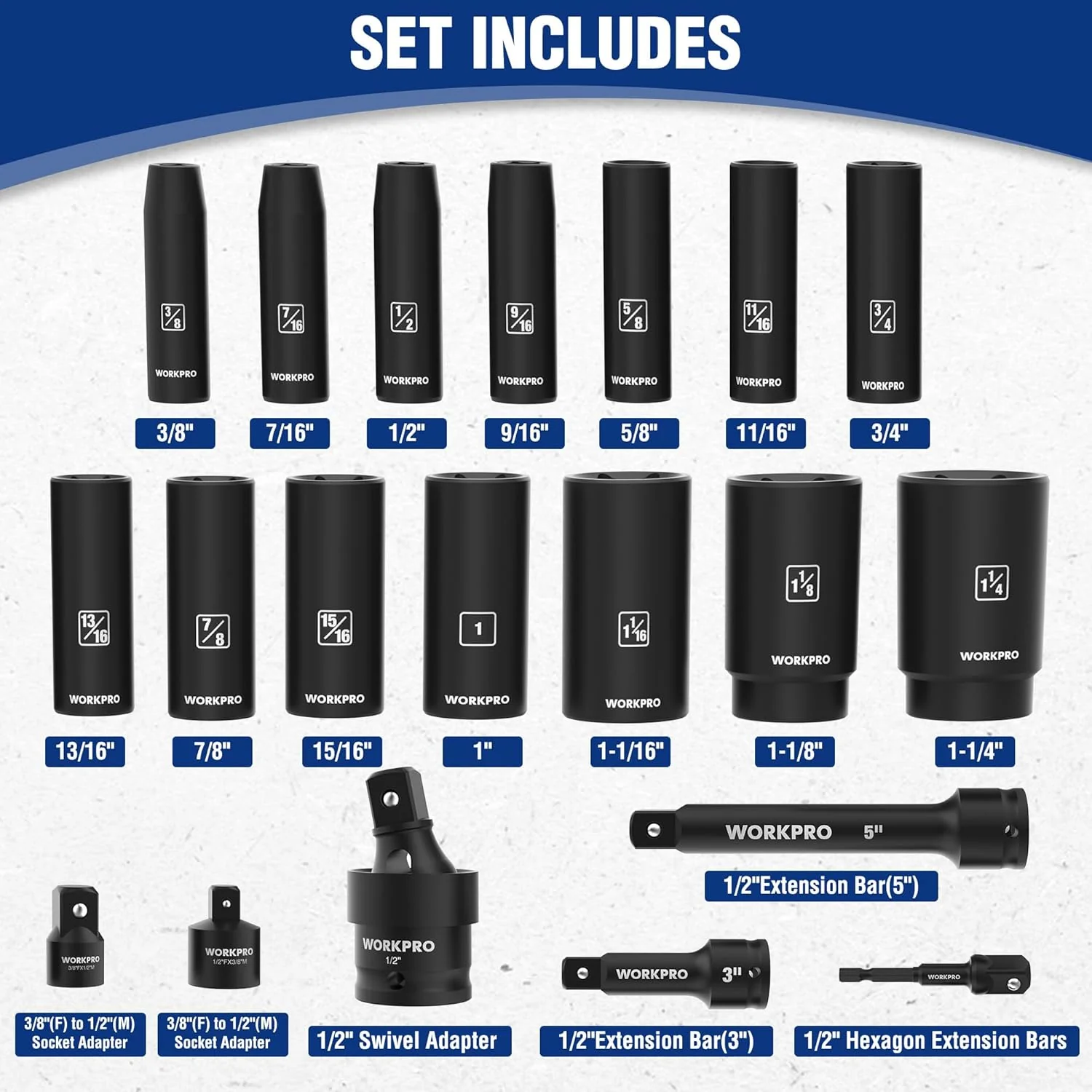 WORKPRO 20-Piece 1/2＂ Drive Deep Impact Socket Set, 6-Point, Cr-V Steel, 10-27mm, Universal Joint, Adapter and Extension Bar, SAE - Image 2