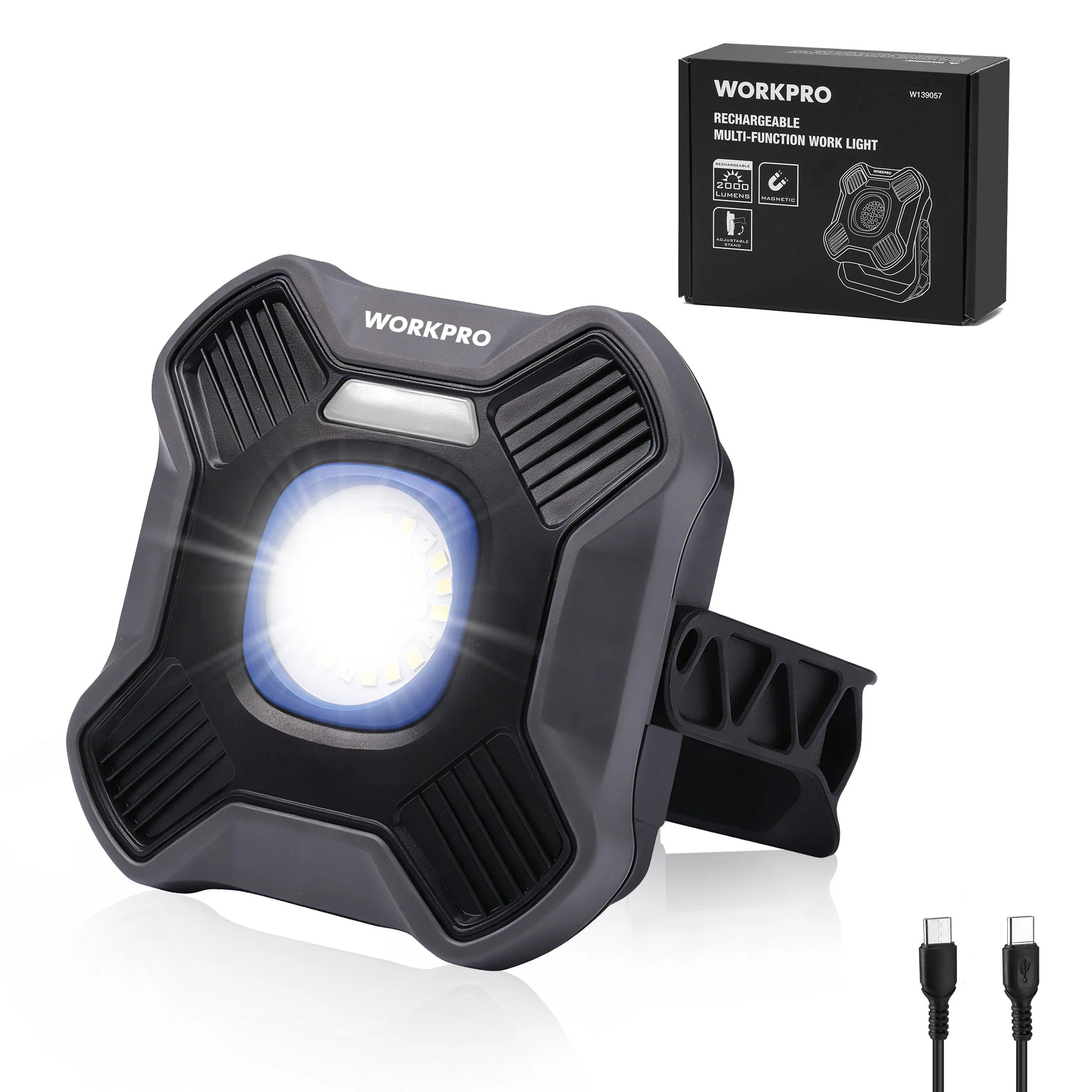 WORKPRO 2000LM Rechargeable Multi-function LED Work Light, 4000mAh Portable Light with 5 Modes, Magnetic Base, Hook and Tripod Mount, USB Rechargeable for Workshop, DIY and Emergency - Image 2