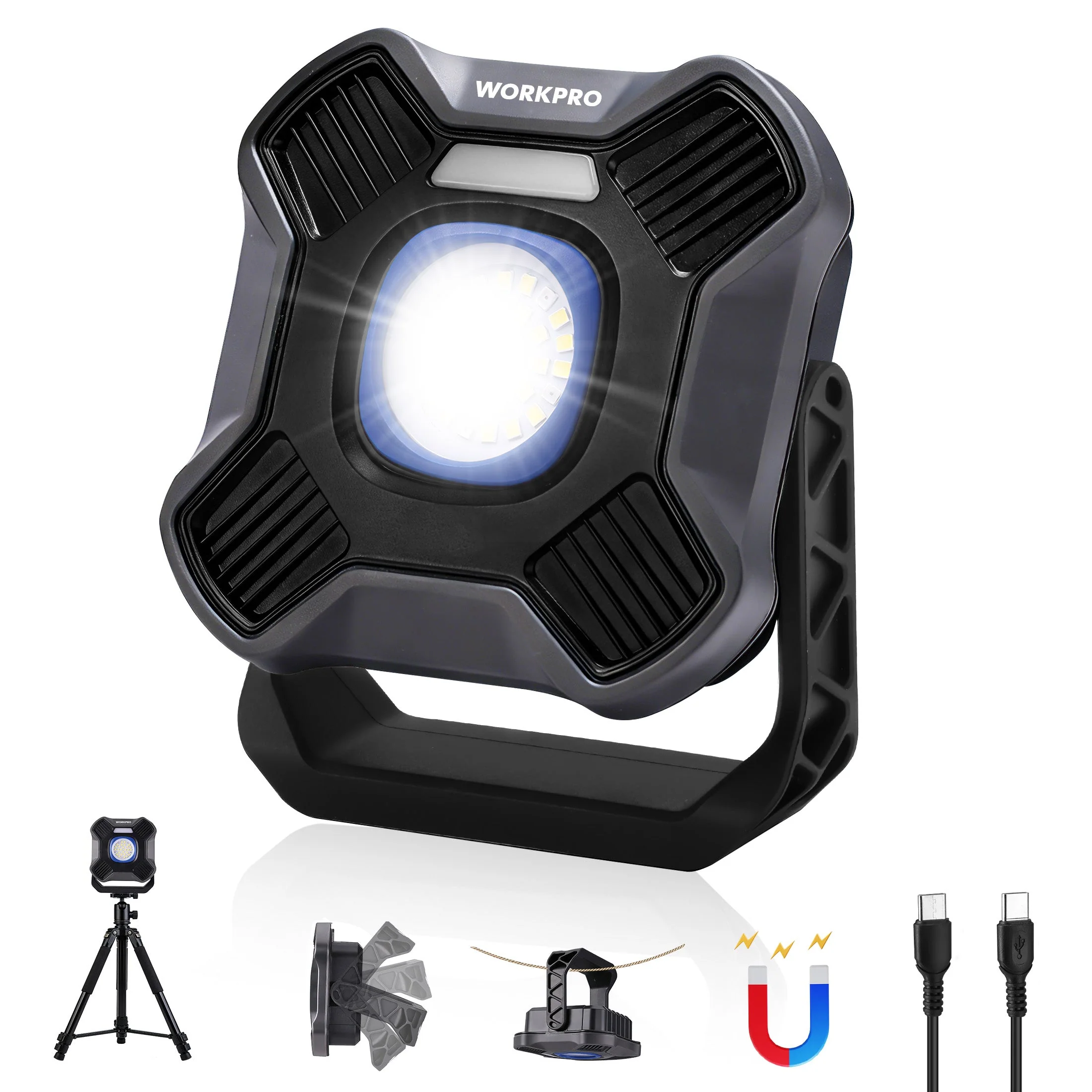 WORKPRO 2000LM Rechargeable Multi-function LED Work Light, 4000mAh Portable Light with 5 Modes, Magnetic Base, Hook and Tripod Mount, USB Rechargeable for Workshop, DIY and Emergency - Image 5