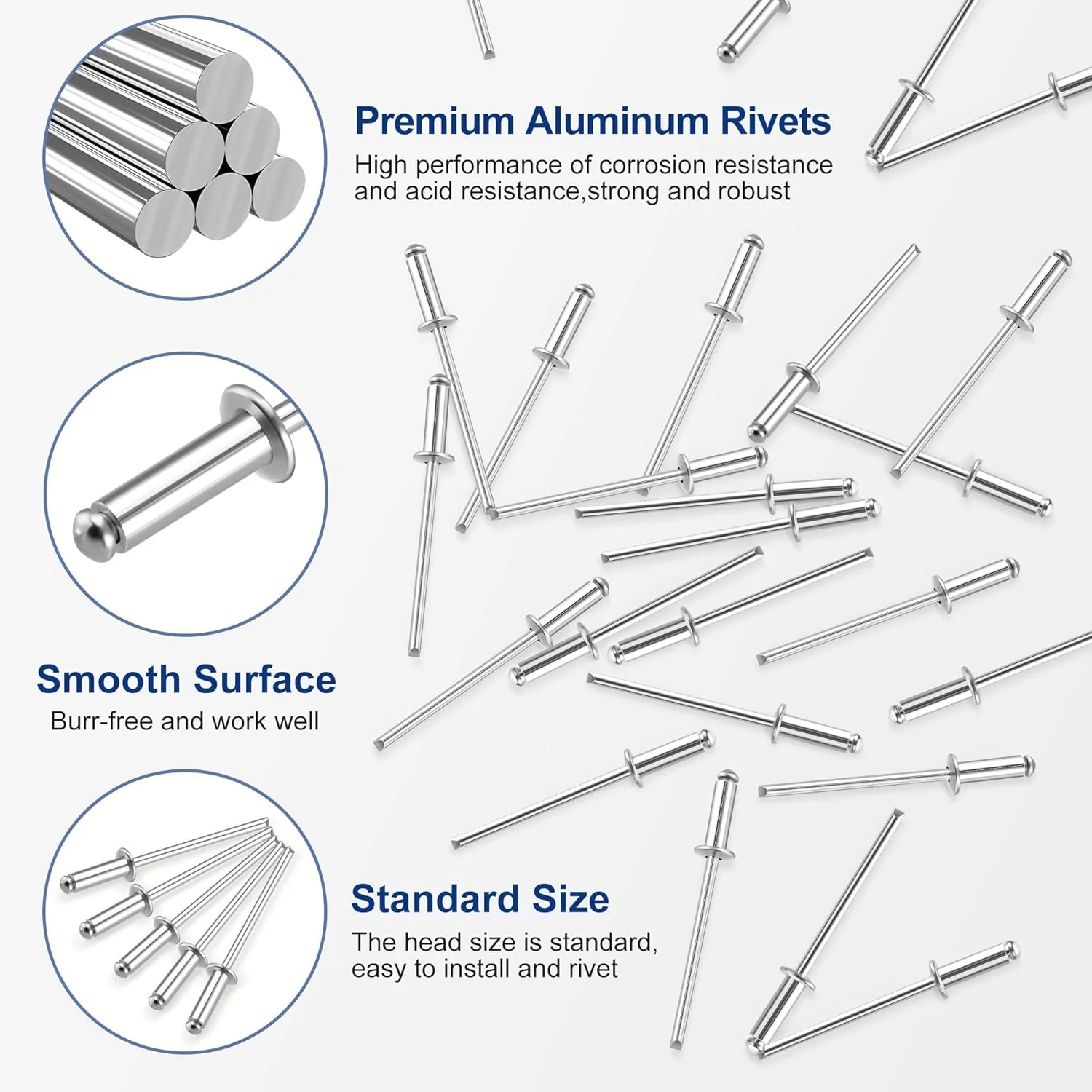 WORKPRO 200Pcs Aluminum Blind Rivets, 1/8" x 3/8" Pop Rivets Assortment, Aluminum Grip and Steel Mandrel, for Metal, Marine Boat, Automotive, Railway, and Duct Work- Pack of 200, Silver - Image 3