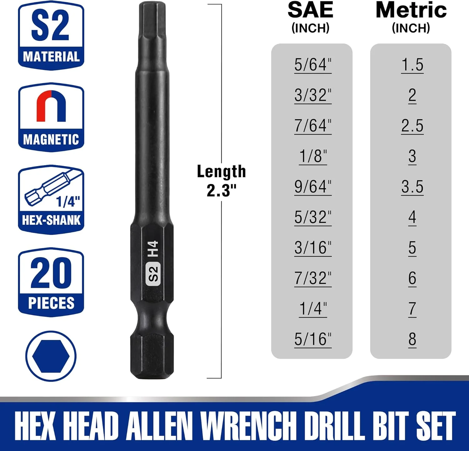 WORKPRO 20pcs Hex Head Allen Wrench Drill Bit Set, CNC Machined S2 Steel Magnetic Metric and SAE Hex Bits, 1/4 Inch Square Shank Driver Bits, 2.3" Long Screwdriver Bits Set With Storage Box - Image 2