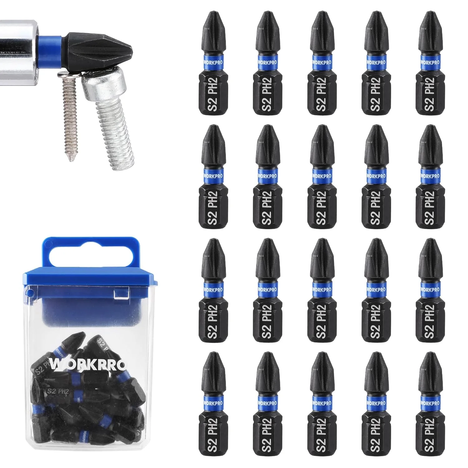 WORKPRO 20pcs PH2 Impact Phillips Screwdriver Bit Set, CNC Machined S2 Steel Tips with Magnetism, 1/4" Hex-Shank Driver Bits, 1" Long Impact Screwdriving Bits with Storage Box
