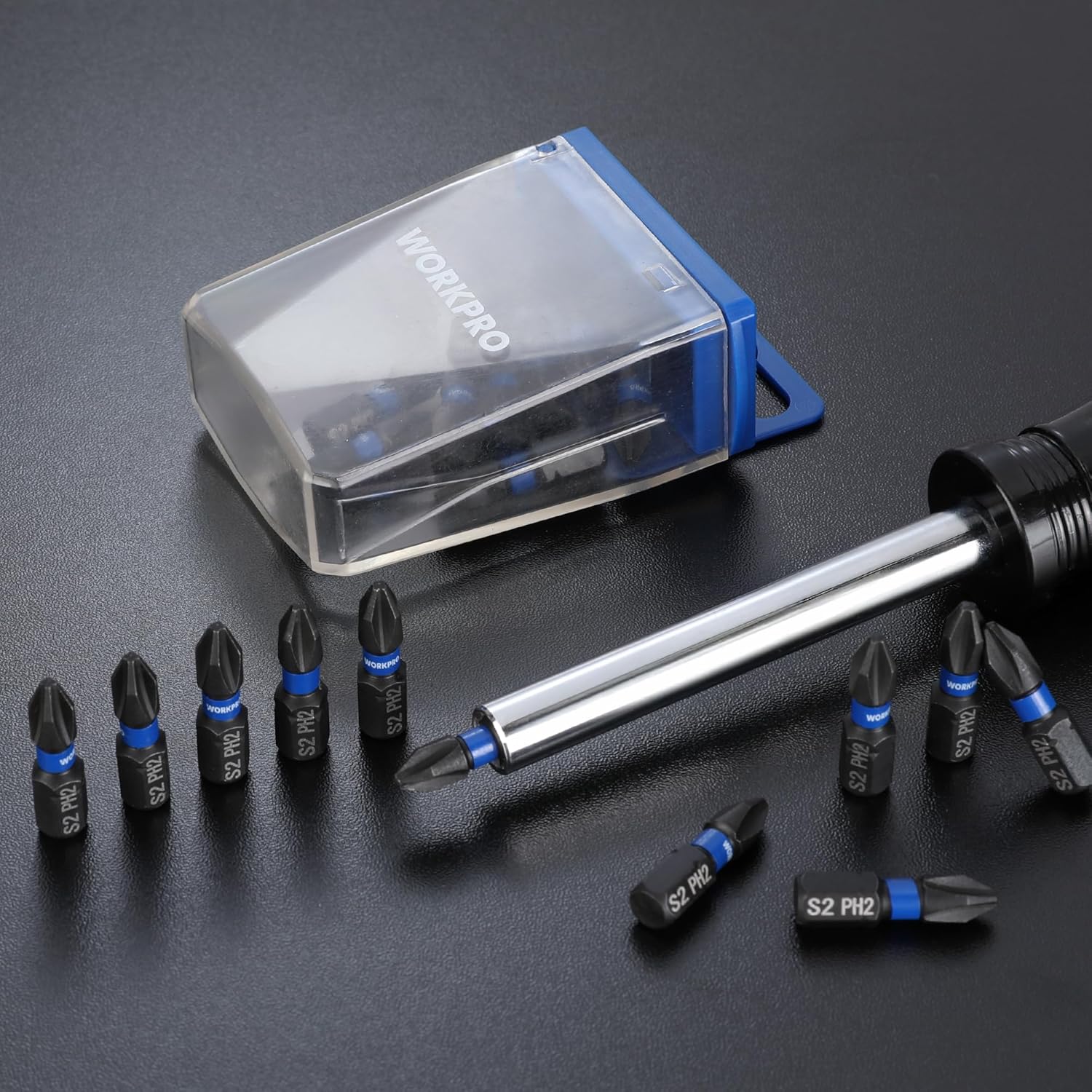 WORKPRO 20pcs PH2 Impact Phillips Screwdriver Bit Set, CNC Machined S2 Steel Tips with Magnetism, 1/4" Hex-Shank Driver Bits, 1" Long Impact Screwdriving Bits with Storage Box - Image 7